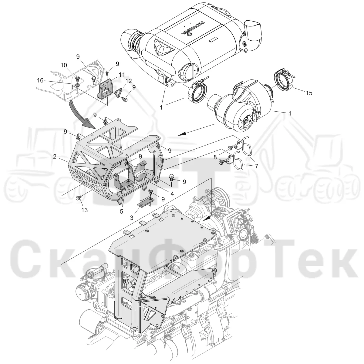 Схема: Komatsu / Форвардер / 895 S/N 8950011010- / Каталог запасных частей / Двигатель / Stage 4 / Впуск - выпуск / Выхлопная система / Выхлопная система