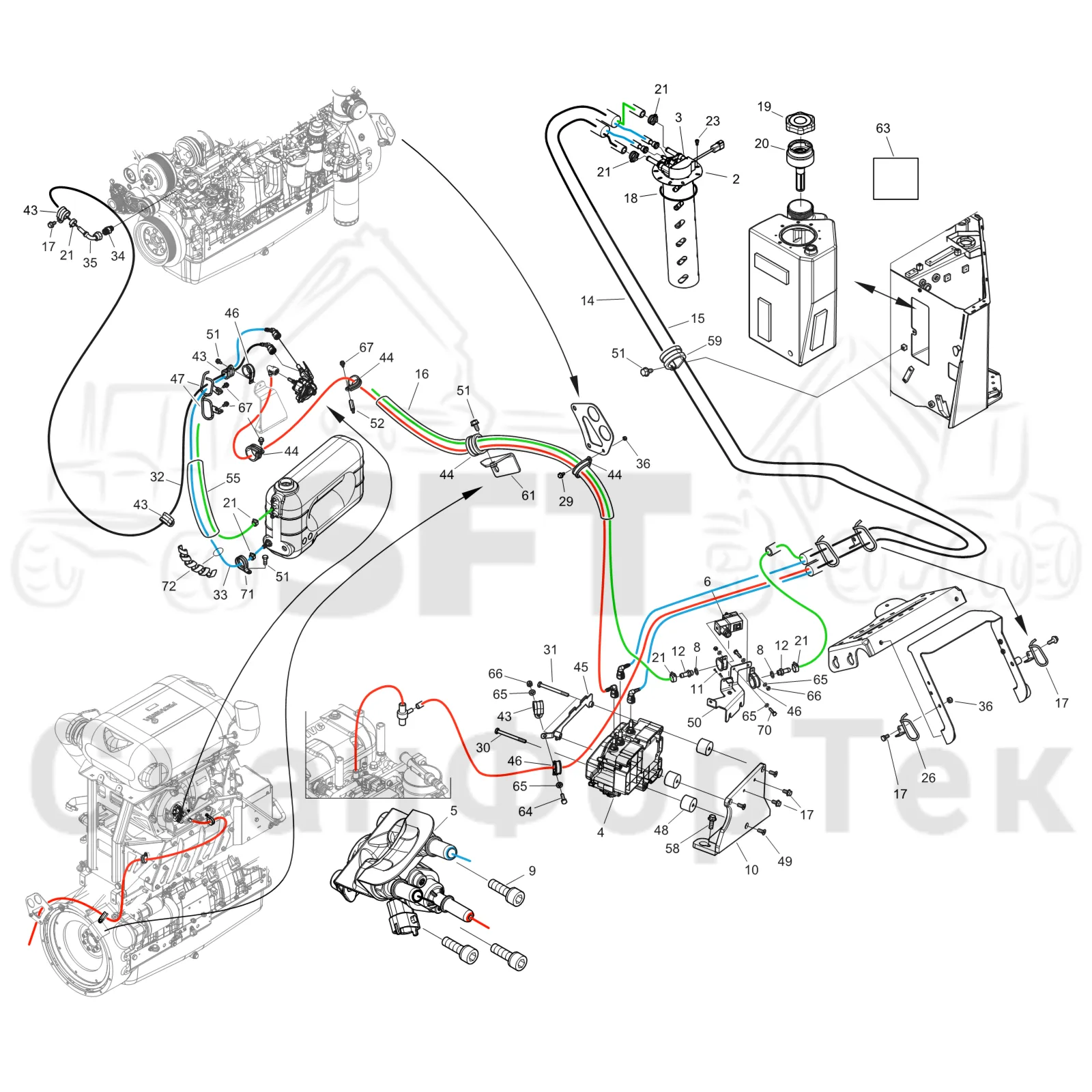 Схема: Komatsu / Форвардер / 855 S/N 8550022010- / Каталог запасных частей / Двигатель / Впуск - выпуск / Adblue®/DEF / Инжекторный насос Adblue®/DEF
