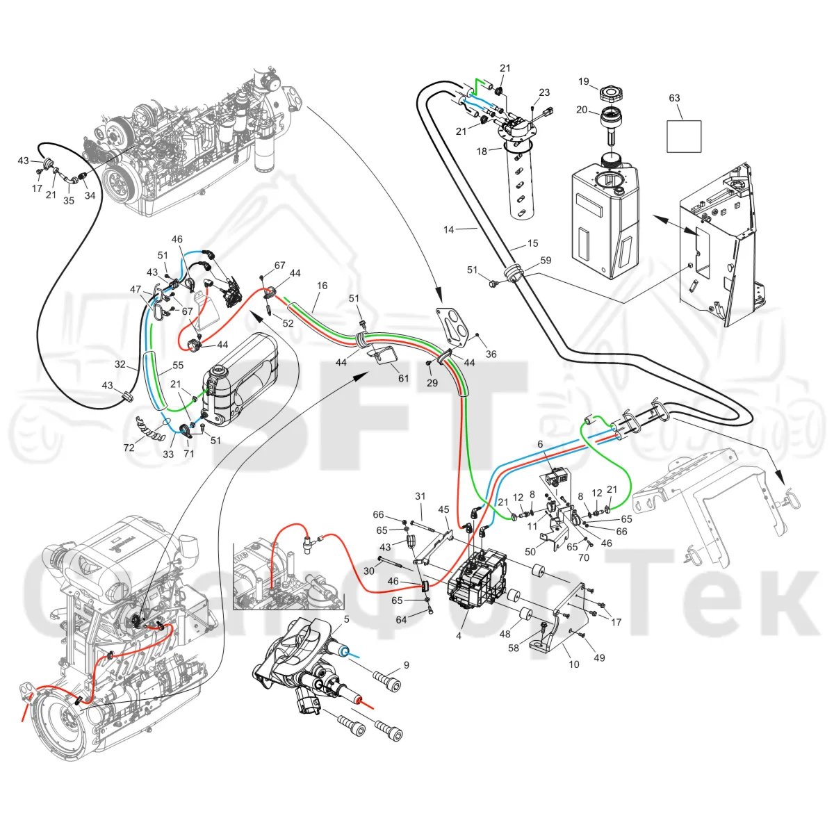 Схема: Komatsu / Форвардер / 855 S/N 8550022010- / Каталог запасных частей / Двигатель / Впуск - выпуск / Adblue®/DEF / Инжекторный насос Adblue®/DEF