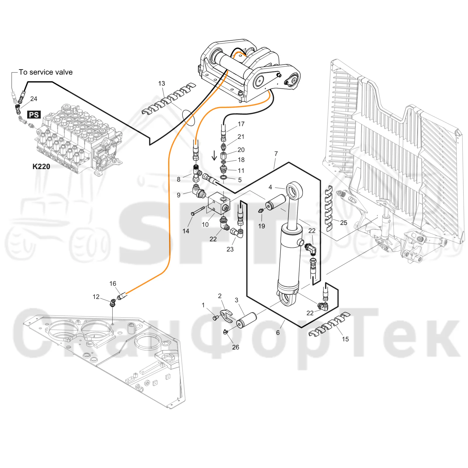 Схема: Komatsu / Форвардер / 855 S/N 8550022010- / Каталог запасных частей / шасси / Зона погрузки / Gate hydraulic movable / Gate hydraulic movable FlexGate