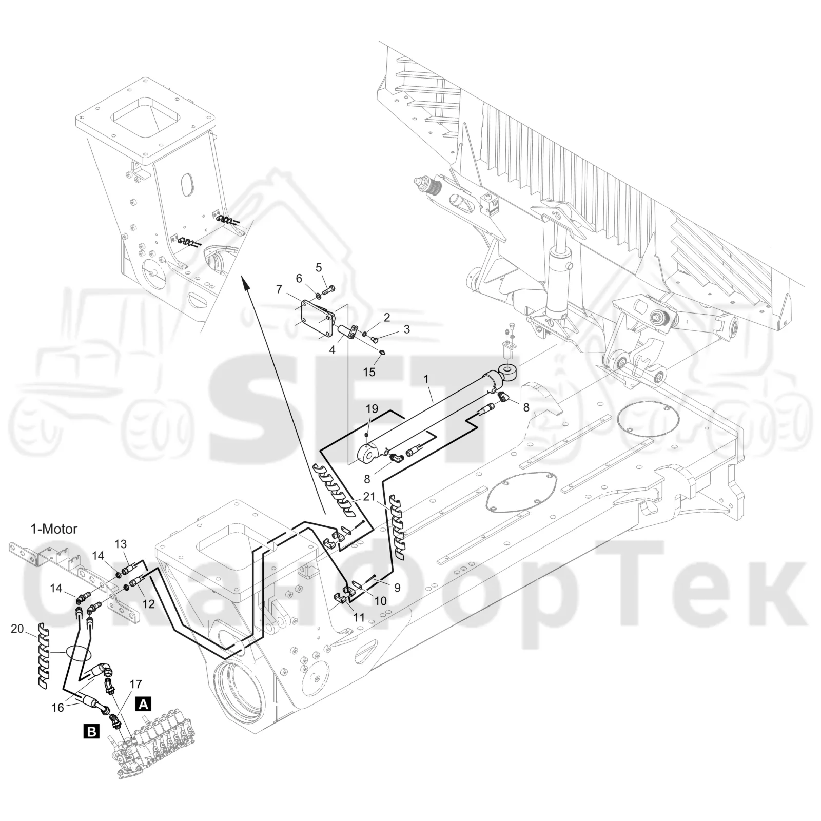 Схема: Komatsu / Форвардер / 855 S/N 8550022010- / Каталог запасных частей / шасси / Зона погрузки / Gate hydraulic movable / Gate movable hydraulics