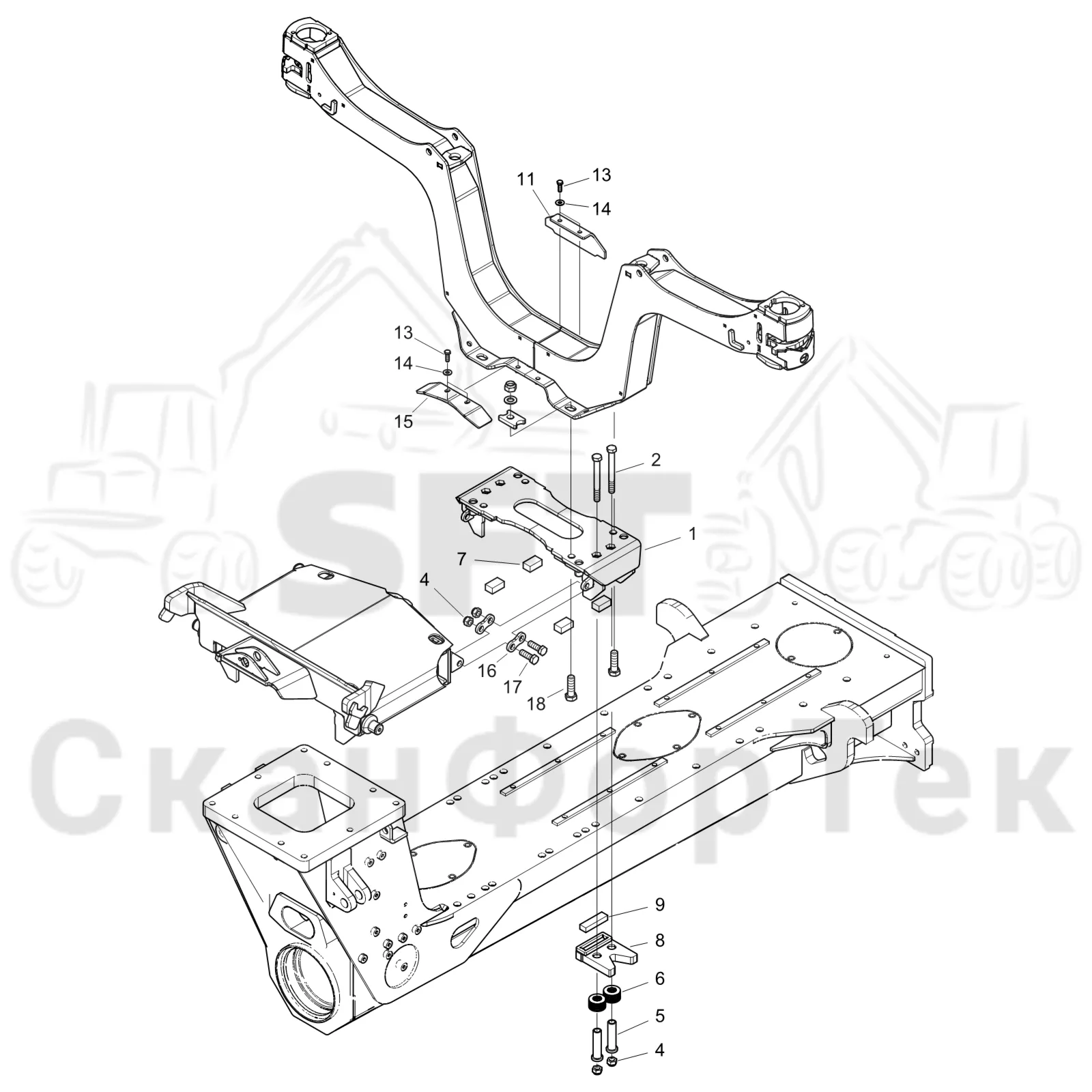 Схема: Komatsu / Форвардер / 855 S/N 8550022010- / Каталог запасных частей / шасси / Зона погрузки / Коники и опоры / Коники и опоры
