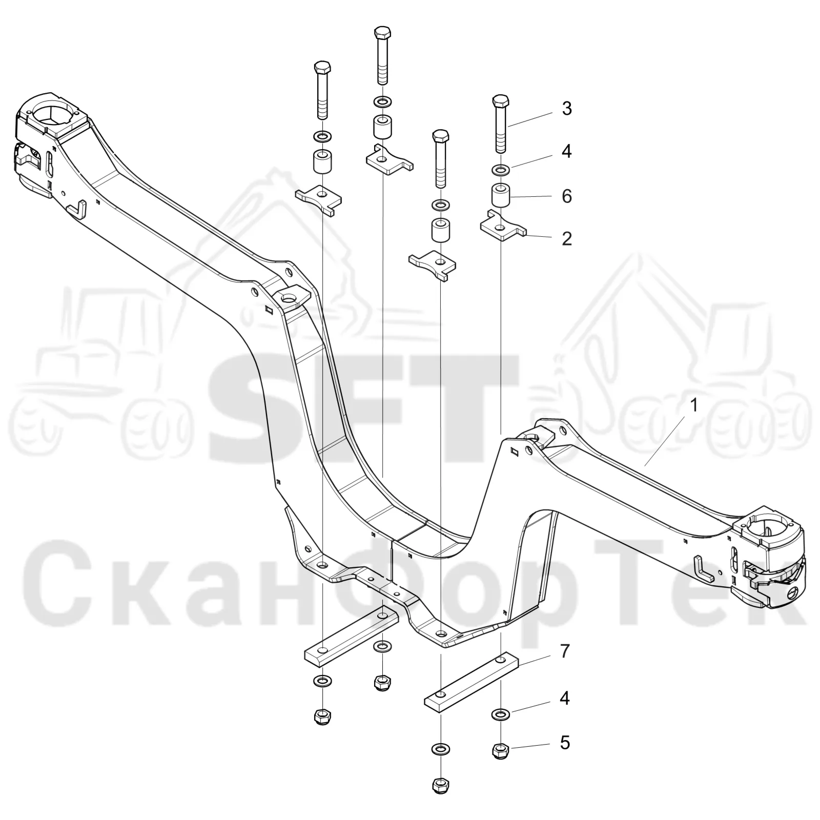 Схема: Komatsu / Форвардер / 855 S/N 8550022010- / Каталог запасных частей / шасси / Зона погрузки / Коники и опоры / Коник