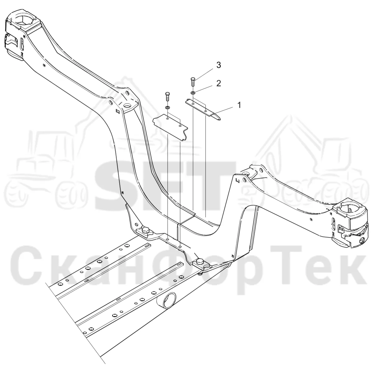 Схема: Komatsu / Форвардер / 855 S/N 8550022010- / Каталог запасных частей / шасси / Зона погрузки / Опора подъемного крана с полным приводом и защитный / защита