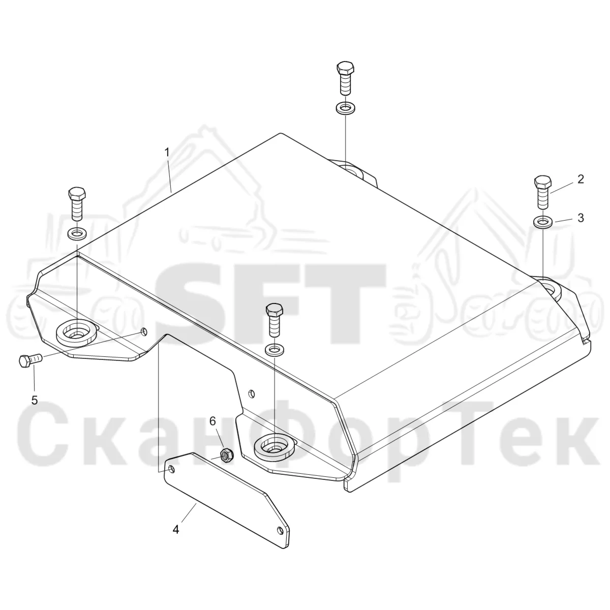 Схема: Komatsu / Форвардер / 875 S/N 8750000010- / Каталог запасных частей / шасси / Зона погрузки / Опора подъемного крана с полным приводом и защитный / защита