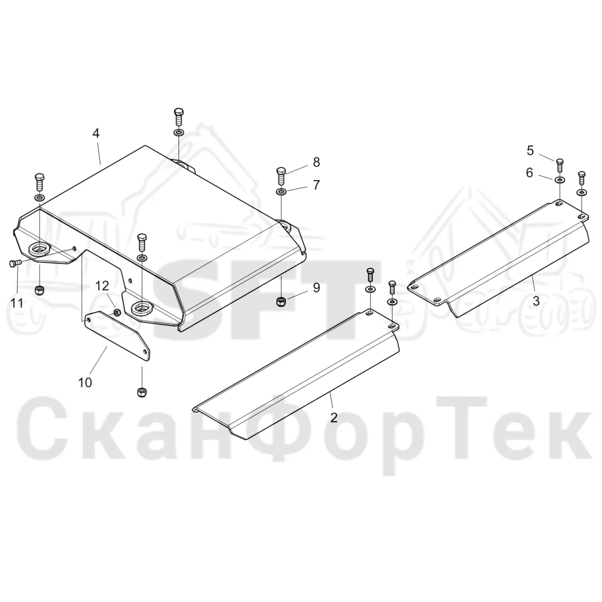 Схема: Komatsu / Форвардер / 875 S/N 8750000010- / Каталог запасных частей / шасси / Зона погрузки / Опора подъемного крана с полным приводом и защитный / защита