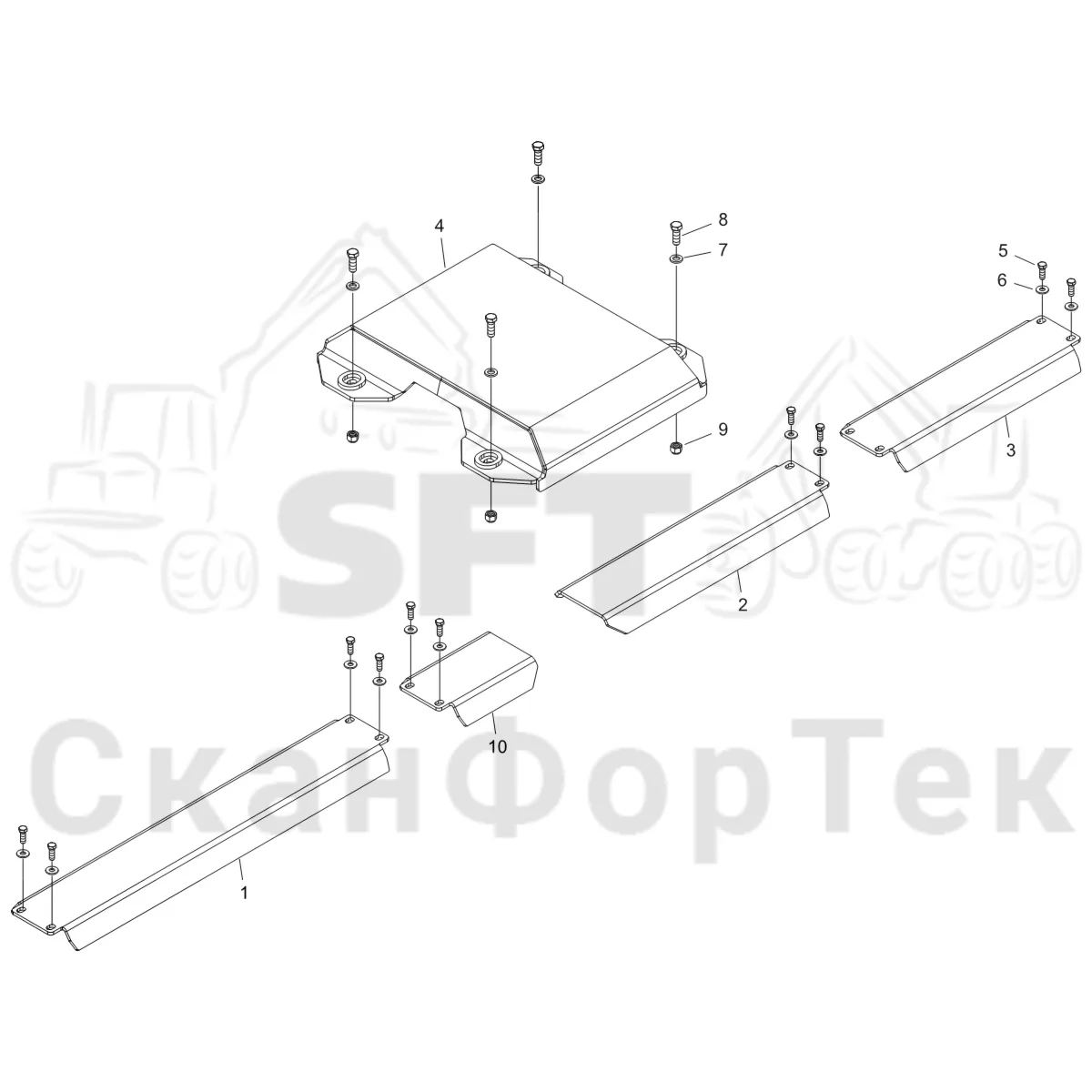 Схема: Komatsu / Форвардер / 855 S/N 8550022010- / Каталог запасных частей / шасси / Зона погрузки / Опора подъемного крана с полным приводом и защитный / защита