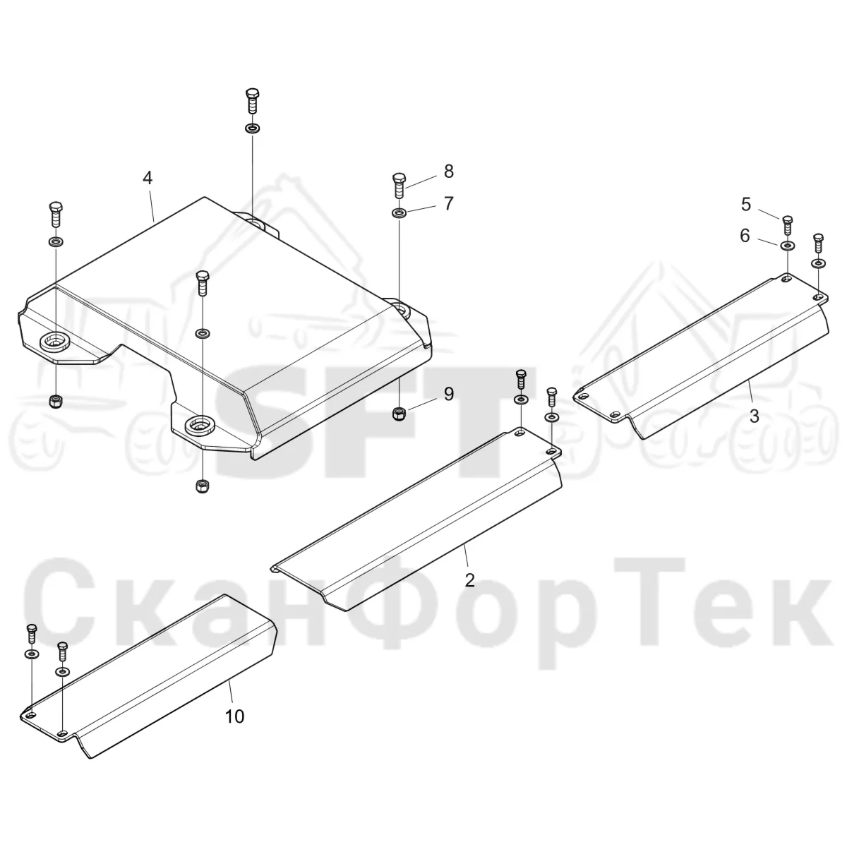 Схема: Komatsu / Форвардер / 855 S/N 8550022010- / Каталог запасных частей / шасси / Зона погрузки / Опора подъемного крана с полным приводом и защитный / защита