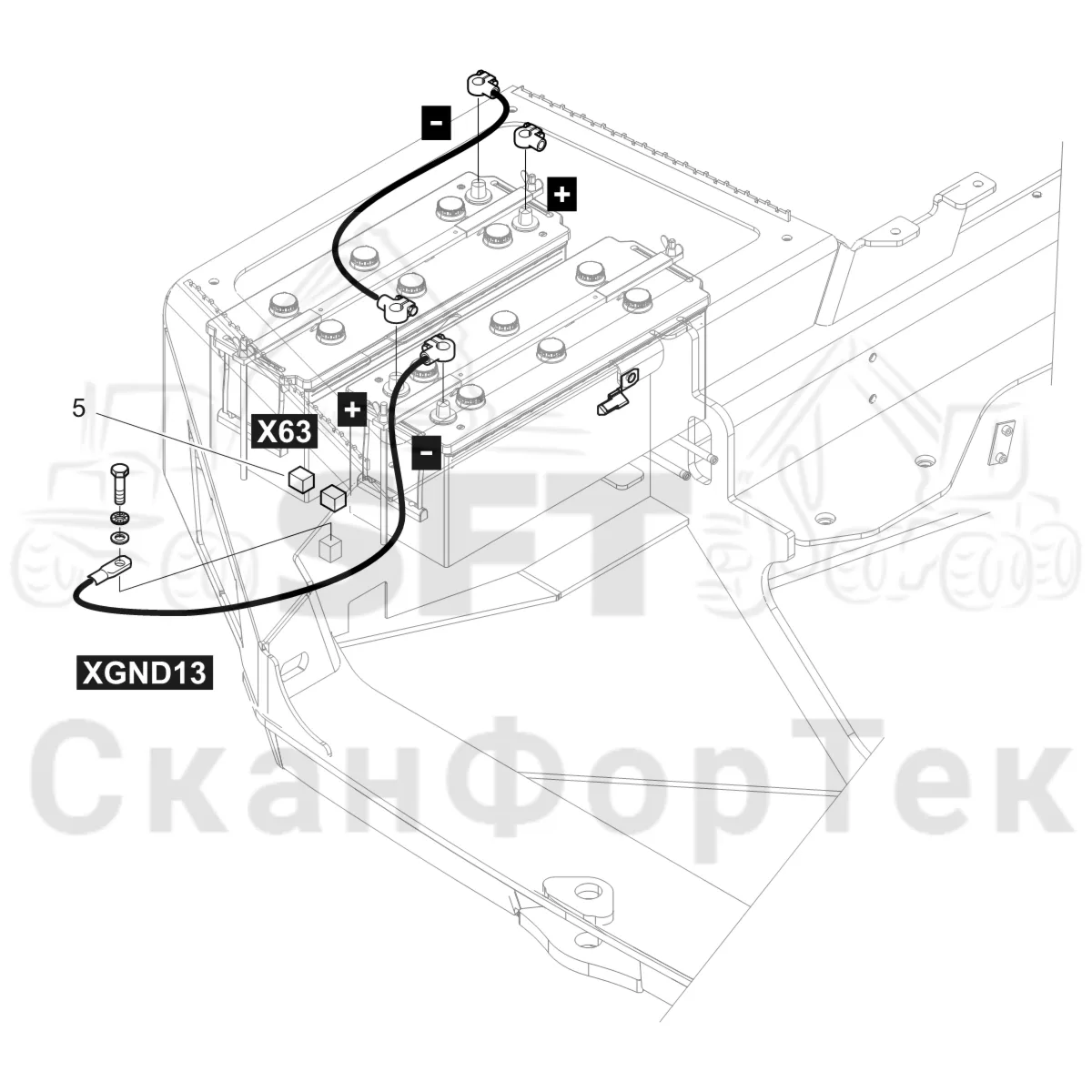 Схема: Komatsu / Форвардер / 875 S/N 8750000010- / Каталог запасных частей / шасси / Электрический Оборудование / Комплект сетевого кабеля / Комплект электрооборудования аккумуляторной батареи