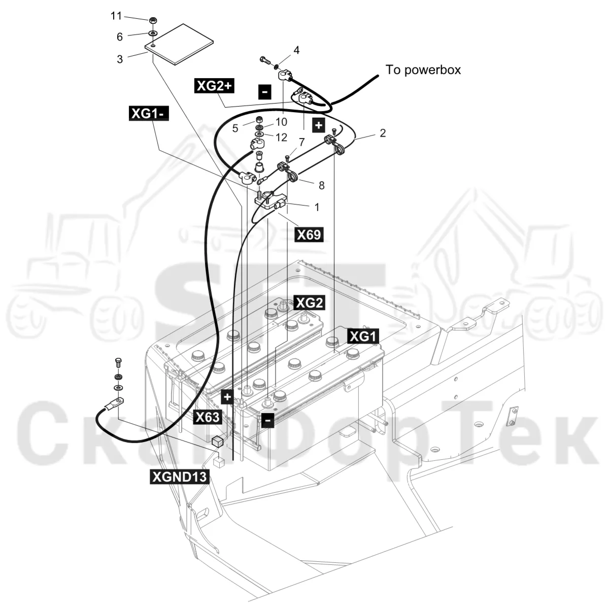 Схема: Komatsu / Форвардер / 895 S/N 8950011010- / Каталог запасных частей / шасси / Электрический Оборудование / Комплект сетевого кабеля / Комплект электрооборудования аккумуляторной батареи