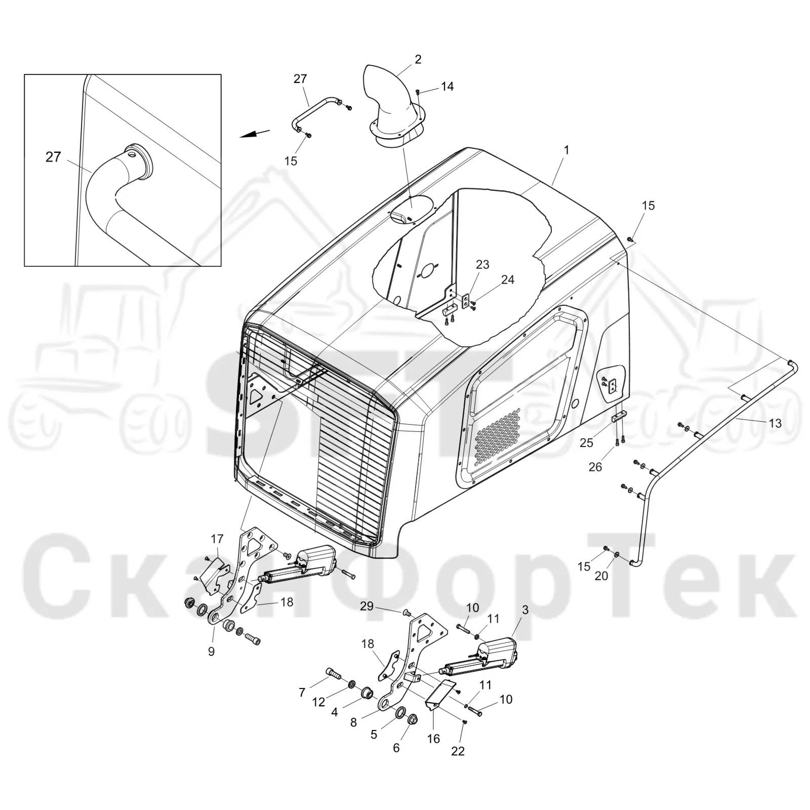 Схема: Komatsu / Форвардер / 875 S/N 8750000010- / Каталог запасных частей / шасси / Капоты и крышки / Капот двигателя Крышка / Капот двигателя Крышка