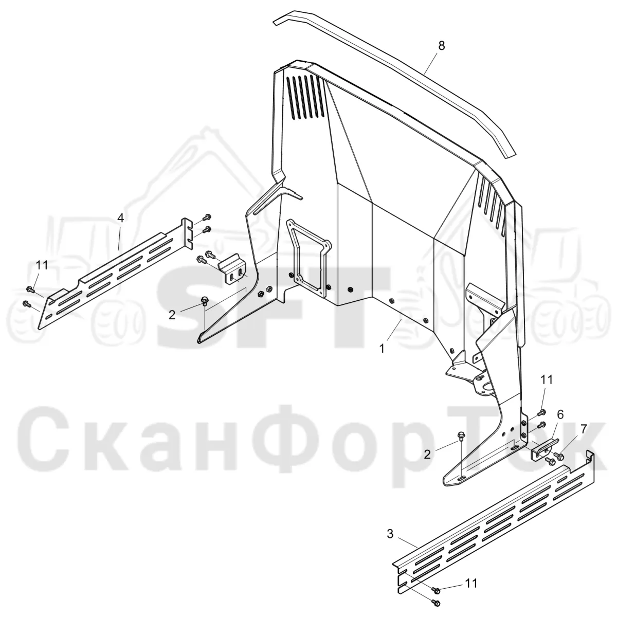 Схема: Komatsu / Форвардер / 855 S/N 8550022010- / Каталог запасных частей / шасси / Капоты и крышки / Капот двигателя Крышка / Капот двигателя Крышка