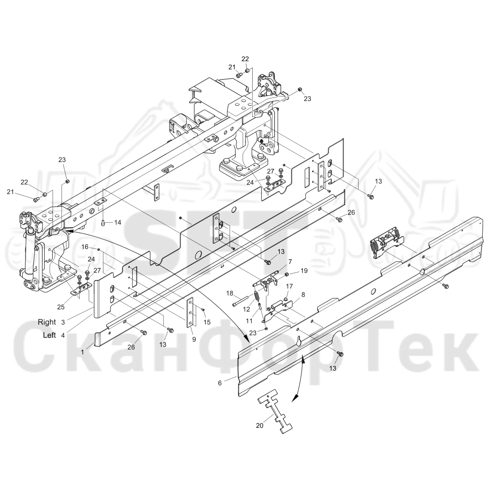 Схема: Komatsu / Форвардер / 855 S/N 8550022010- / Каталог запасных частей / шасси / Капоты и крышки / Защитные крышки под кабиной Comfort Ride / Защитные крышки под кабиной Comfort Ride