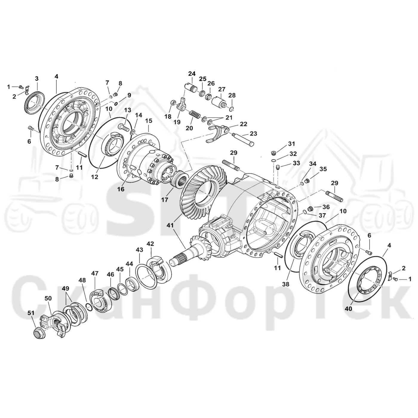 Схема: Komatsu / Форвардер / 855 S/N 8550022010- / Каталог запасных частей / Коробка передач / Мост каретки / каретки / Дифференциал
