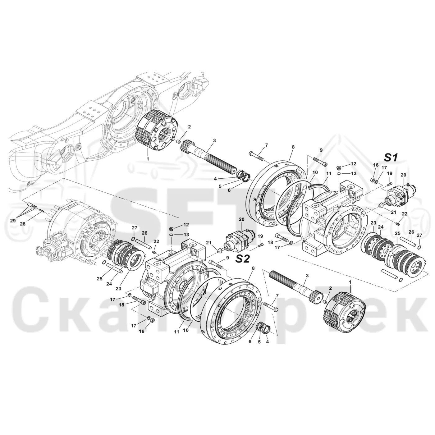 Схема: Komatsu / Форвардер / 875 S/N 8750000010- / Каталог запасных частей / Коробка передач / Мост каретки / каретки / каретки Картер ведущего моста