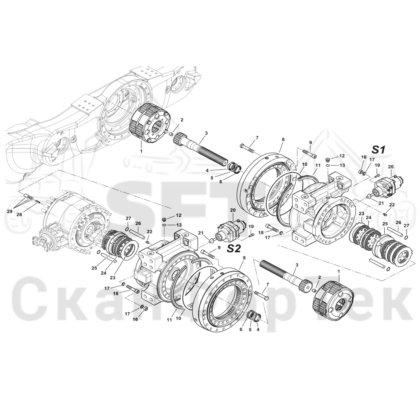 Схема: Komatsu / Форвардер / 875 S/N 8750000010- / Каталог запасных частей / Коробка передач / Мост каретки / каретки / каретки Картер ведущего моста
