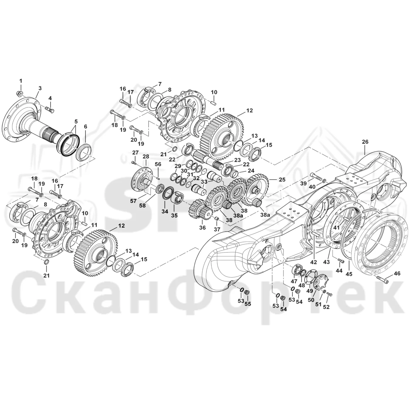 Схема: Komatsu / Форвардер / 855 S/N 8550022010- / Каталог запасных частей / Коробка передач / Мост каретки / каретки / Корпус каретки