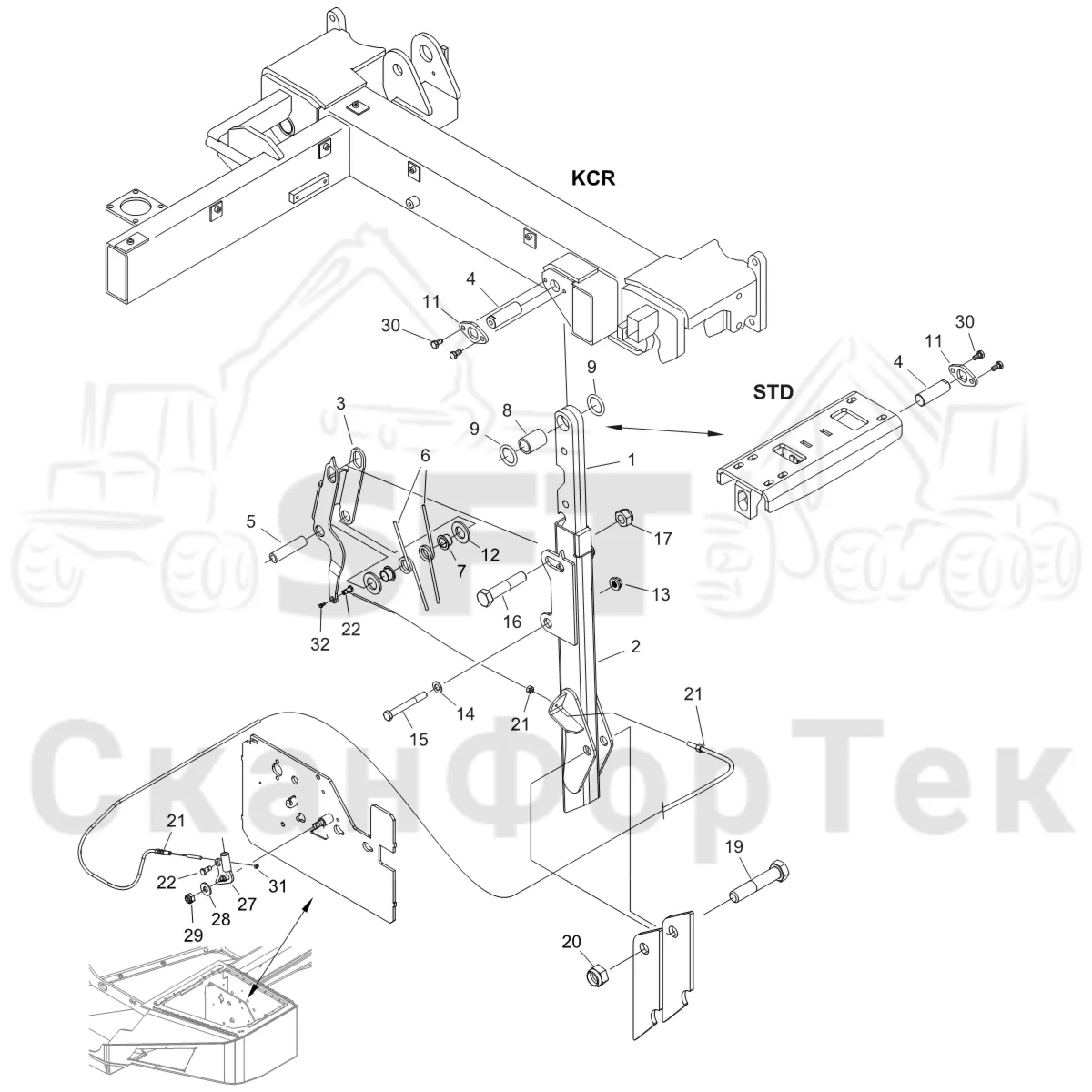 Схема: Komatsu / Форвардер / 895 S/N 8950011010- / Каталог запасных частей / Кабина / Кабина / Установка кабины / Стопорный рычаг