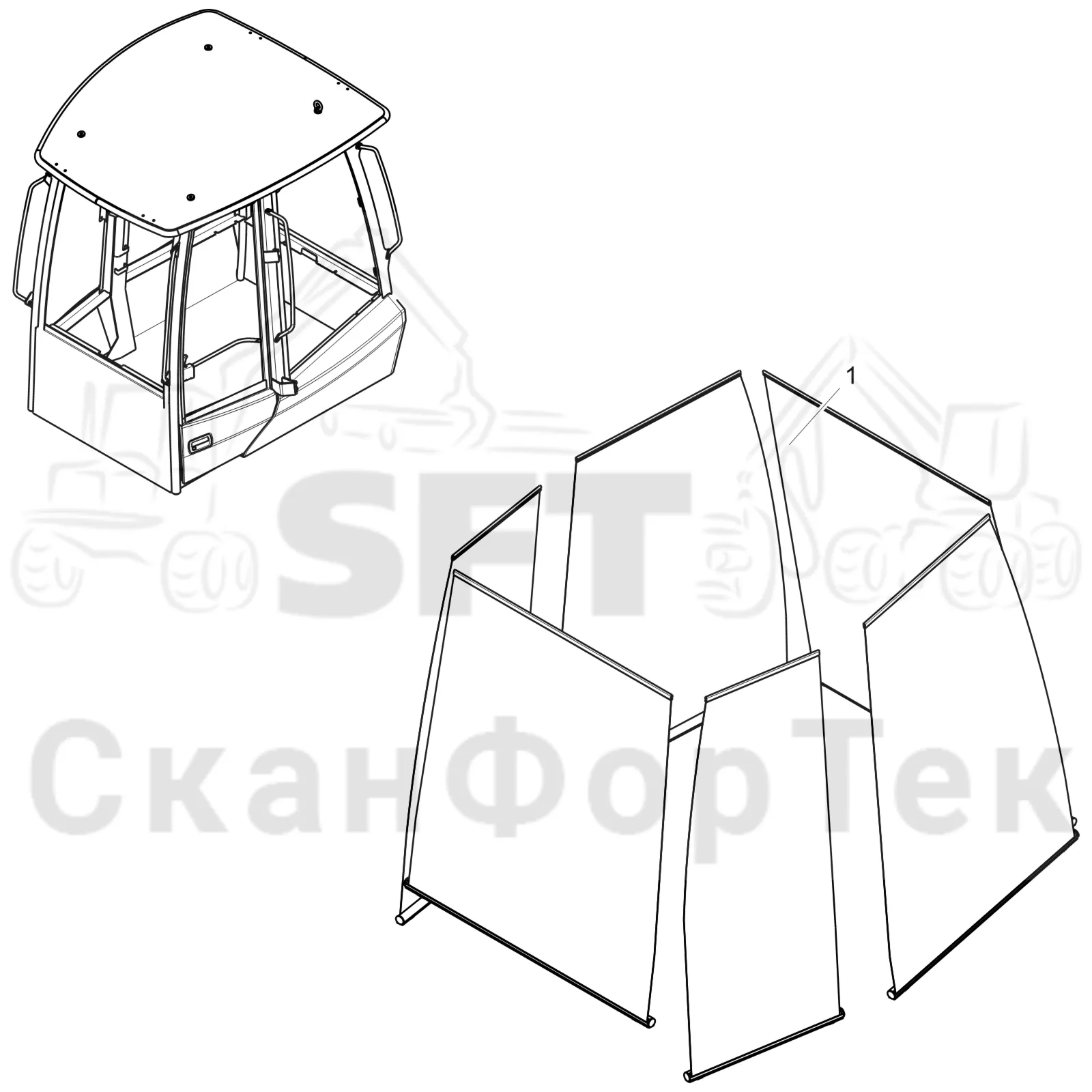 Схема: Komatsu / Форвардер / 875 S/N 8750000010- / Каталог запасных частей / Кабина / Экраны / Солнцезащитный комплект / Солнцезащитный комплект