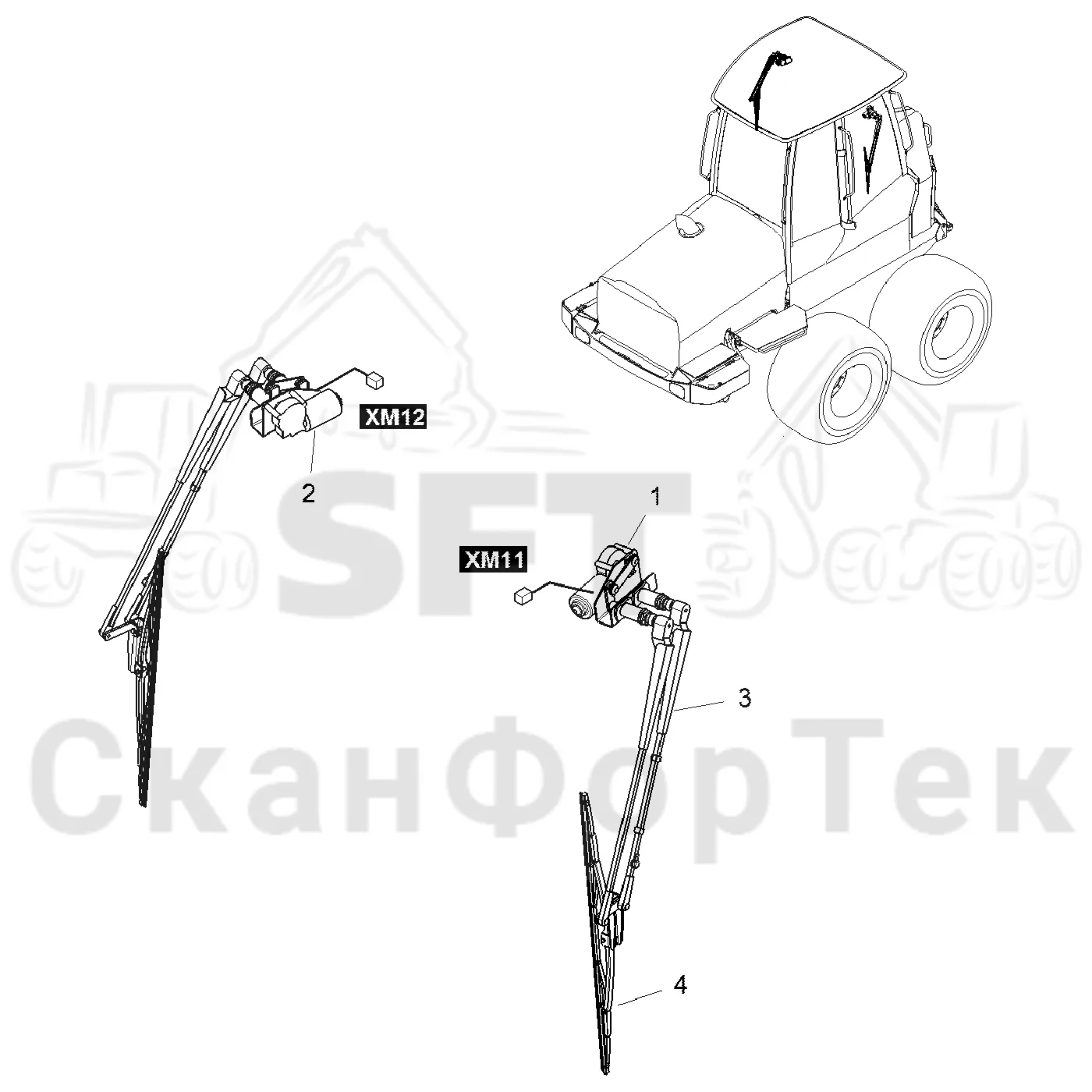 Схема: Komatsu / Форвардер / 855 S/N 8550022010- / Каталог запасных частей / Кабина / Рабочие лампы и стеклоочиститель / Стеклоочиститель / Движок