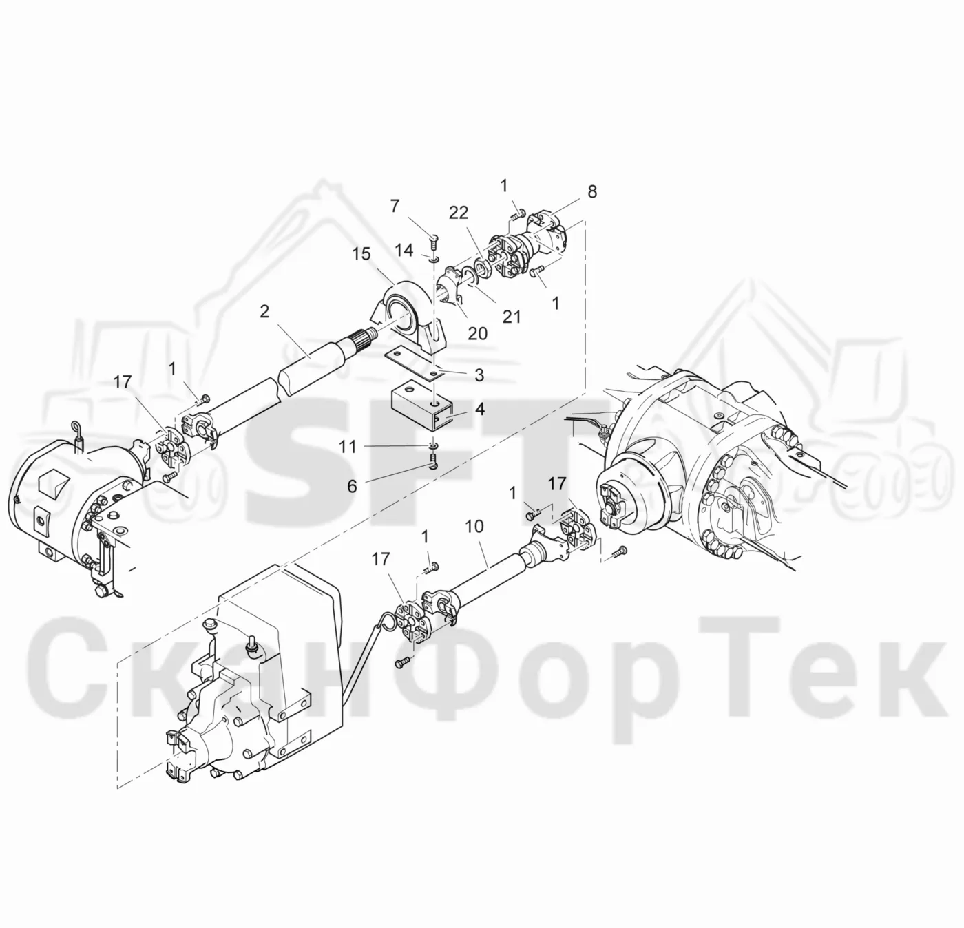 Схема: Komatsu / Лесозаготовительные машины / 911.5 / Каталог запасных частей / Коробка передач / Силовая трансмиссия / Поезд с приводом 6-ти колесный
