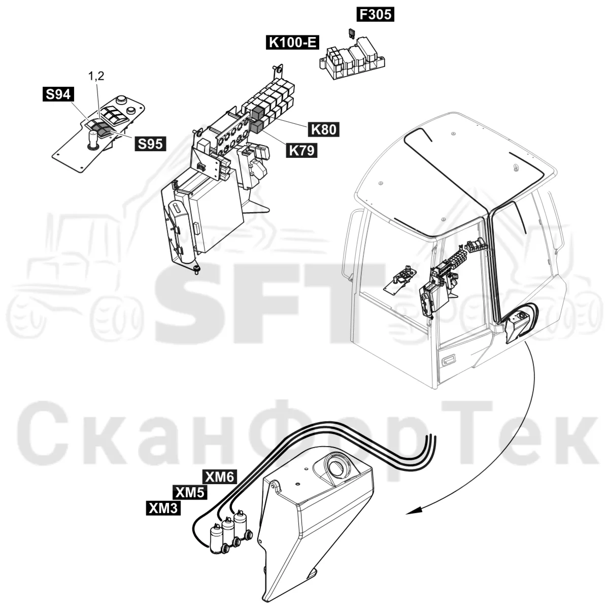 Схема: Komatsu / Форвардер / 895 S/N 8950011010- / Каталог запасных частей / Кабина / Рабочие лампы и стеклоочиститель / Стеклоочиститель / Комплект электрооборудования Движок