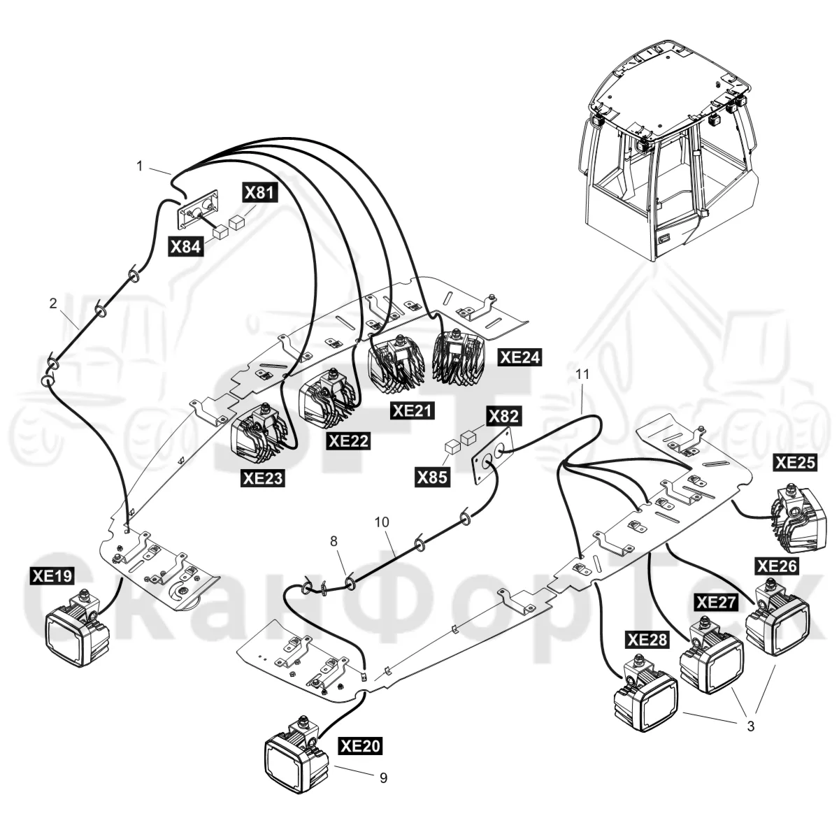 Схема: Komatsu / Форвардер / 895 S/N 8950011010- / Каталог запасных частей / Кабина / Рабочие лампы и стеклоочиститель / Рабочие лампы LED / Рабочие лампы LED