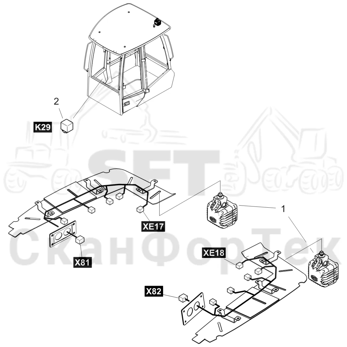 Схема: Komatsu / Форвардер / 875 S/N 8750000010- / Каталог запасных частей / Кабина / Рабочие лампы и стеклоочиститель / Рабочие лампы LED / Рабочие лампы LED