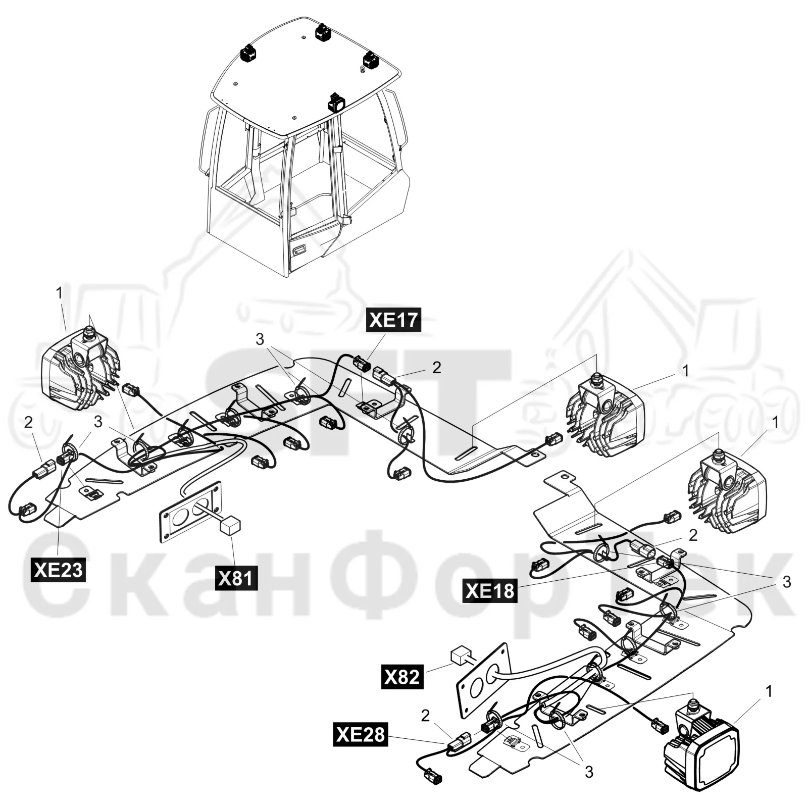 Схема: Komatsu / Форвардер / 855 S/N 8550022010- / Каталог запасных частей / Кабина / Рабочие лампы и стеклоочиститель / Рабочие лампы LED / Рабочие лампы LED