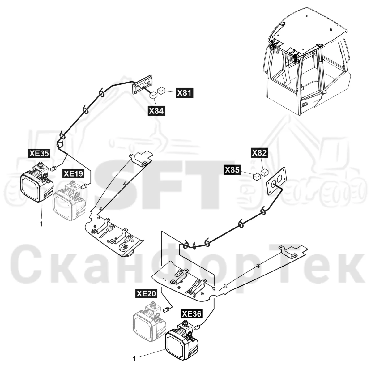 Схема: Komatsu / Форвардер / 855 S/N 8550022010- / Каталог запасных частей / Кабина / Рабочие лампы и стеклоочиститель / Рабочие лампы LED / Рабочие лампы LED