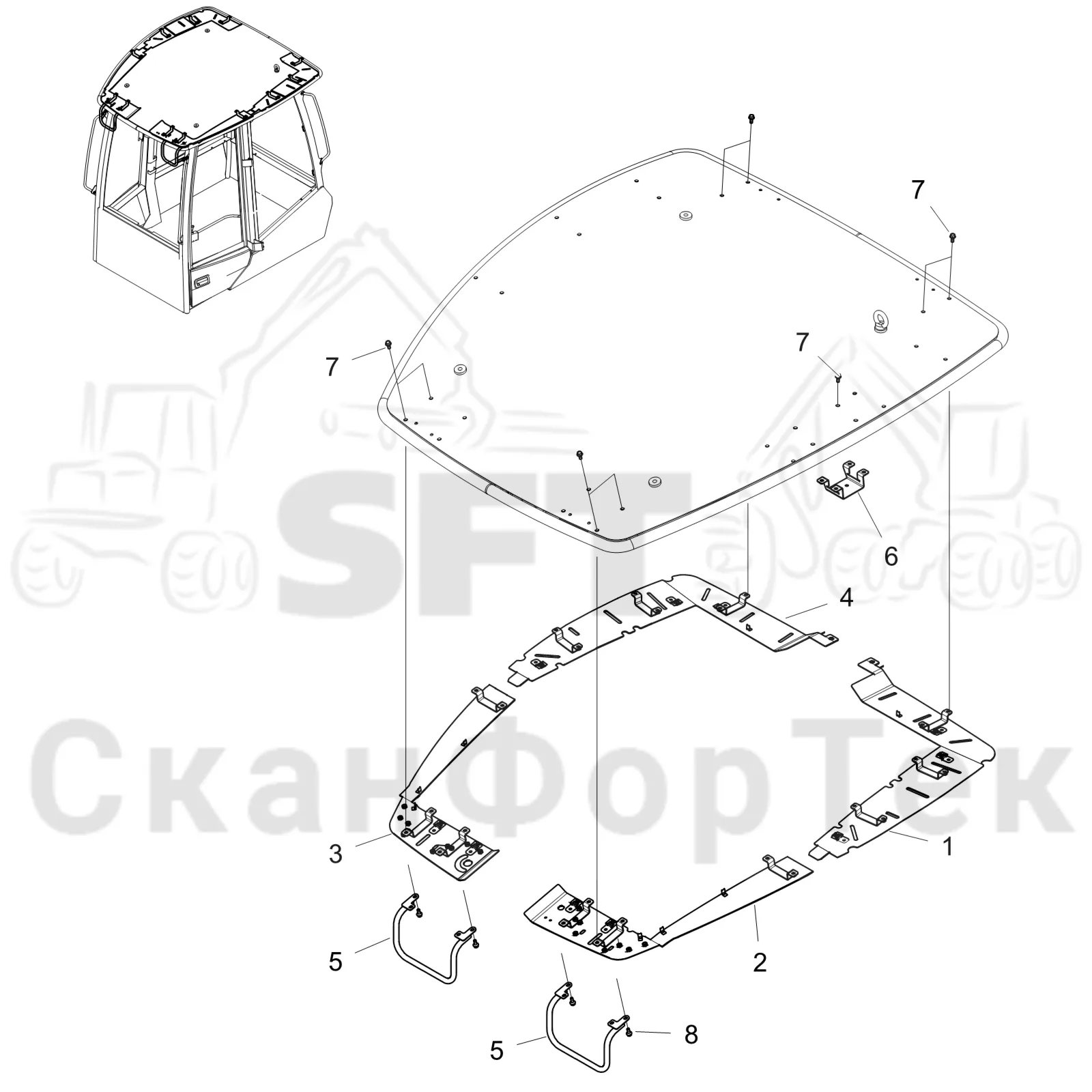 Схема: Komatsu / Форвардер / 855 S/N 8550022010- / Каталог запасных частей / Кабина / Рабочие лампы и стеклоочиститель / защита / защита