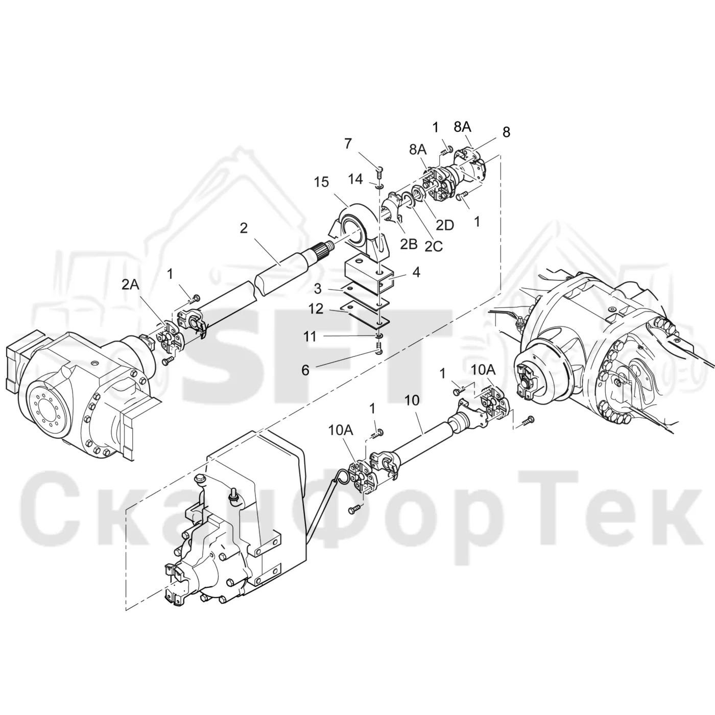 Схема: Komatsu / Лесозаготовительные машины / 911 S/N 9110062167- / Каталог запасных частей / Коробка передач / Карданная передача / Силовая трансмиссия с полным приводом на 4 колеса