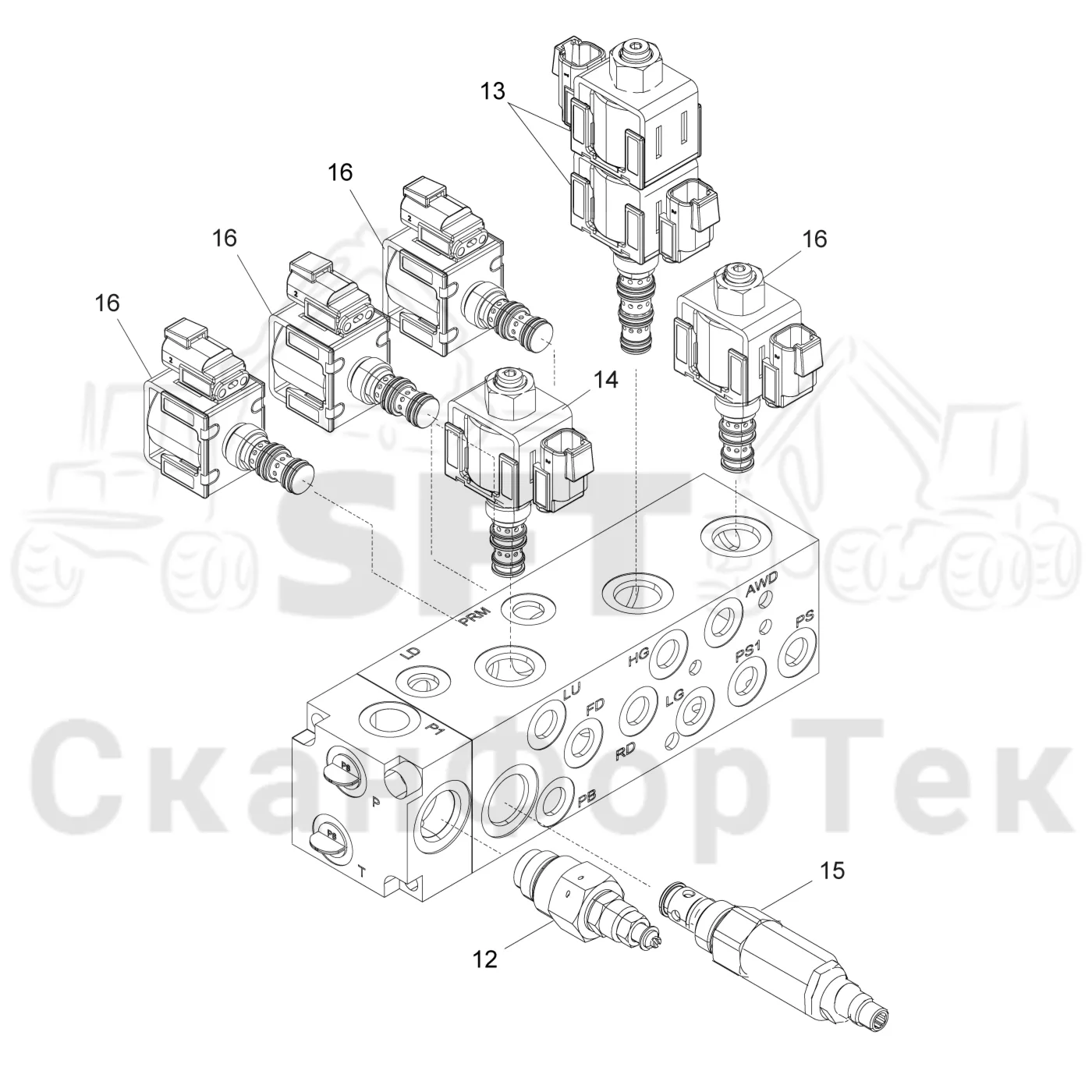 Схема: Komatsu / Форвардер / 855 S/N 8550022010- / Каталог запасных частей / Гидравлика / Клапан обслуживания / Клапан обслуживания / Запасные части клапана обслуживания