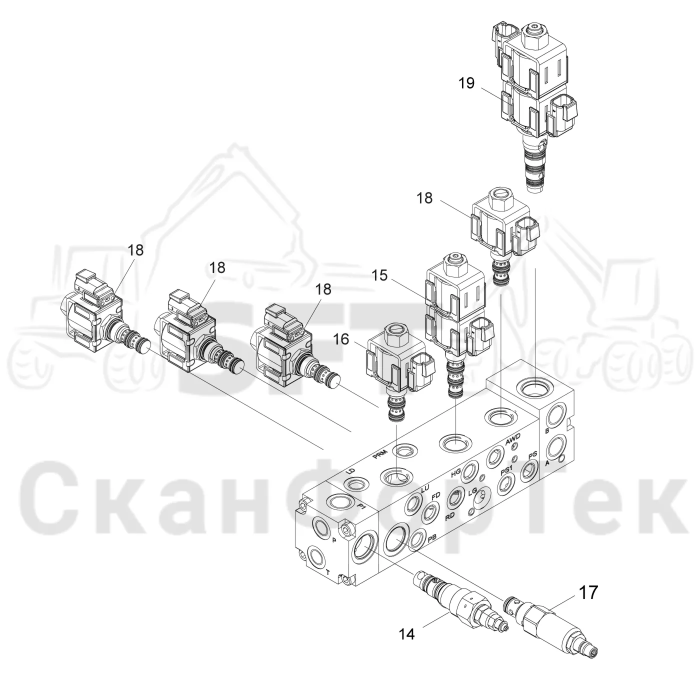 Схема: Komatsu / Форвардер / 855 S/N 8550022010- / Каталог запасных частей / Гидравлика / Клапан обслуживания / Клапан обслуживания / Запасные части клапана обслуживания