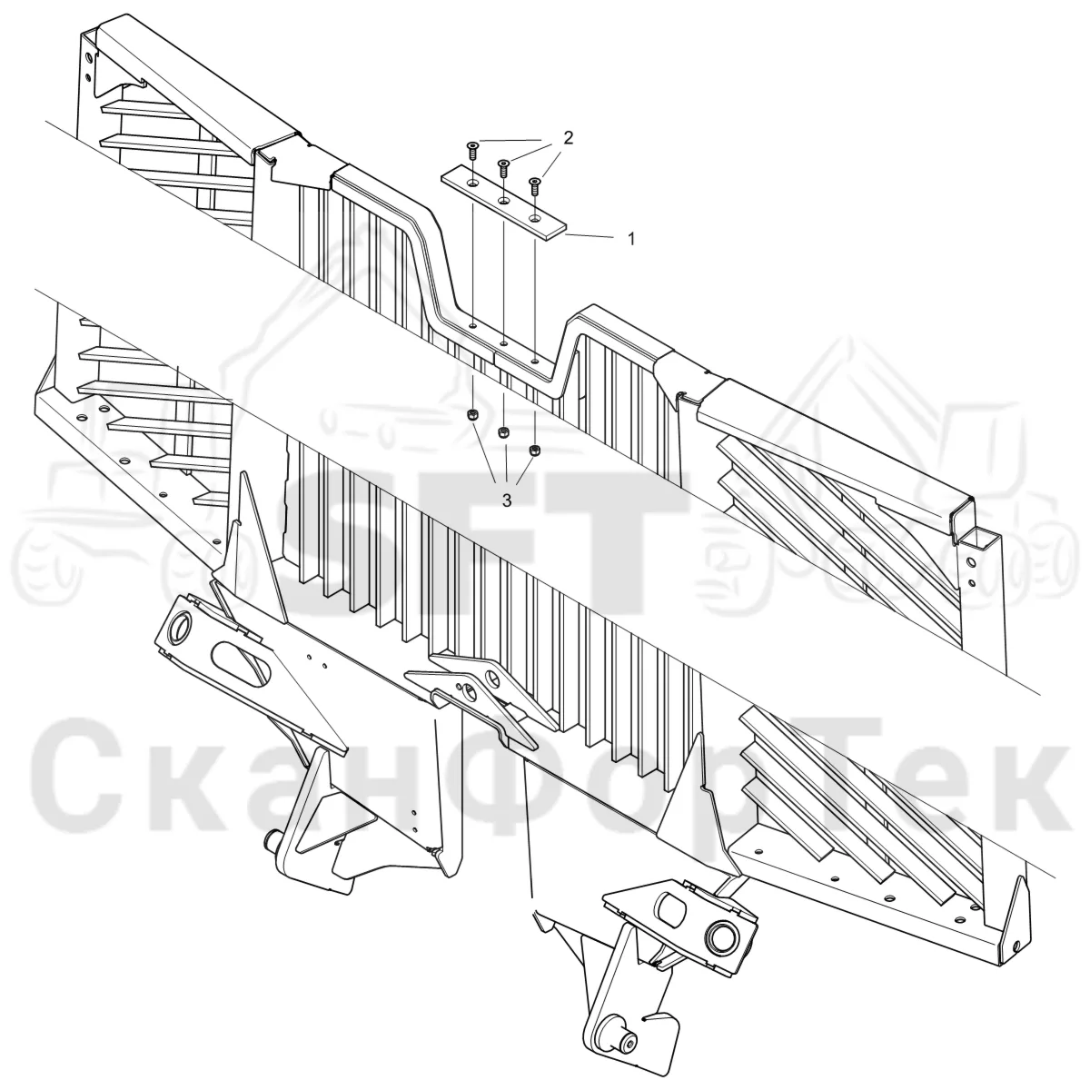 Схема: Komatsu / Форвардер / 895 S/N 8950011010- / Каталог запасных частей / шасси / Зона погрузки / Опора подъемного крана с полным приводом и защитный / защита