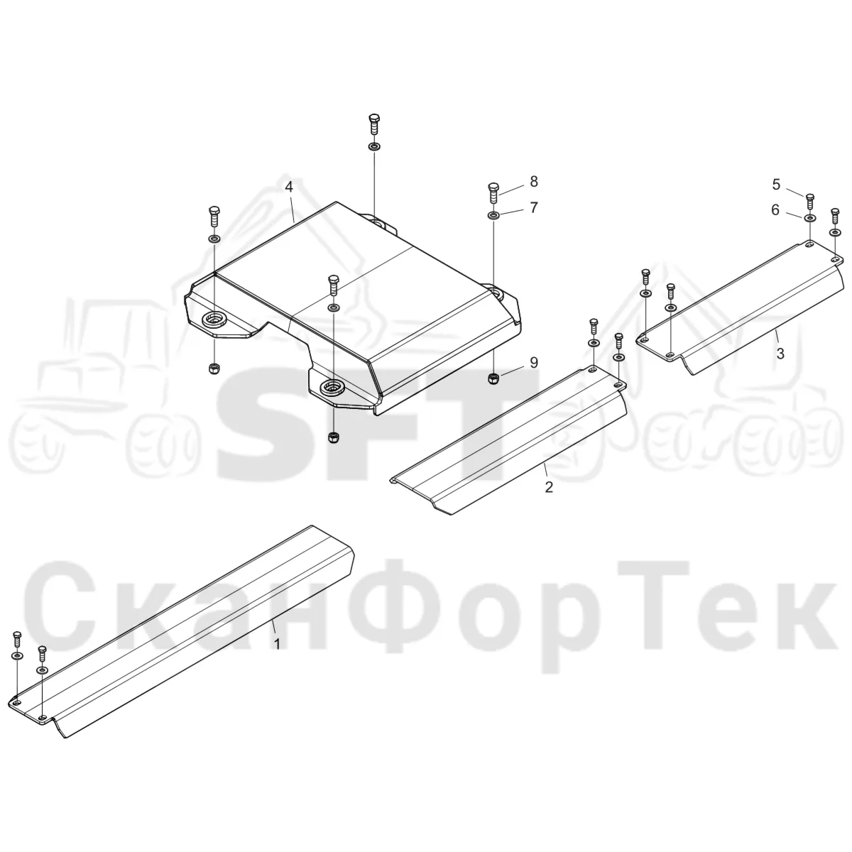 Схема: Komatsu / Форвардер / 875 S/N 8750000010- / Каталог запасных частей / шасси / Зона погрузки / Опора подъемного крана с полным приводом и защитный / защита