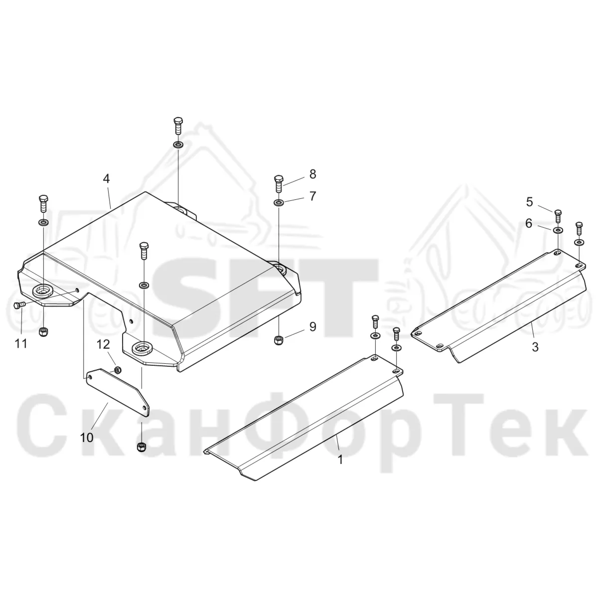 Схема: Komatsu / Форвардер / 875 S/N 8750000010- / Каталог запасных частей / шасси / Зона погрузки / Опора подъемного крана с полным приводом и защитный / защита
