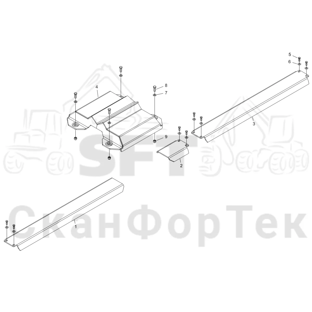 Схема: Komatsu / Форвардер / 875 S/N 8750000010- / Каталог запасных частей / шасси / Зона погрузки / Опора подъемного крана с полным приводом и защитный / Опора подъемного крана с полным приводом и защитный