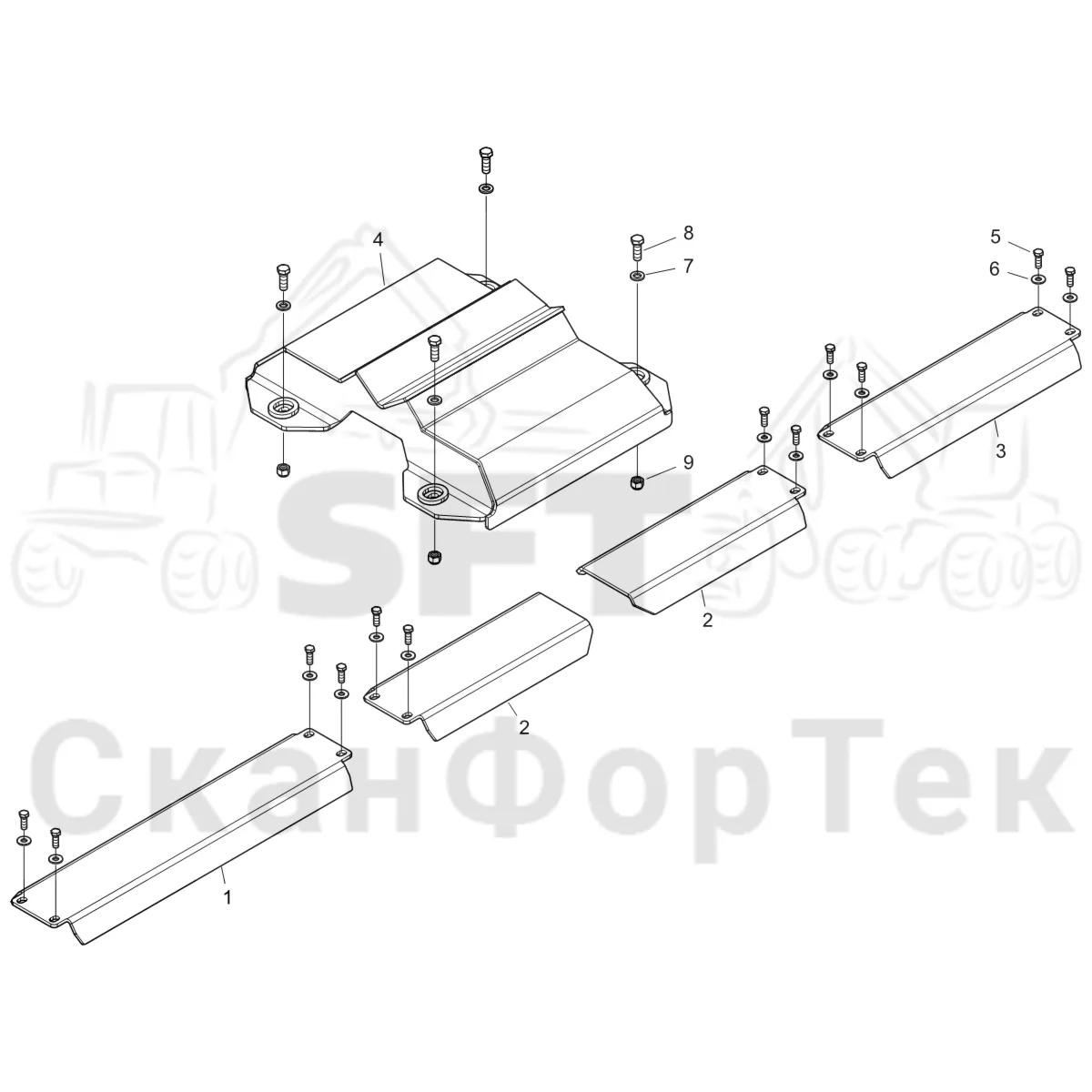 Схема: Komatsu / Форвардер / 875 S/N 8750000010- / Каталог запасных частей / шасси / Зона погрузки / Опора подъемного крана с полным приводом и защитный / Опора подъемного крана с полным приводом и защитный