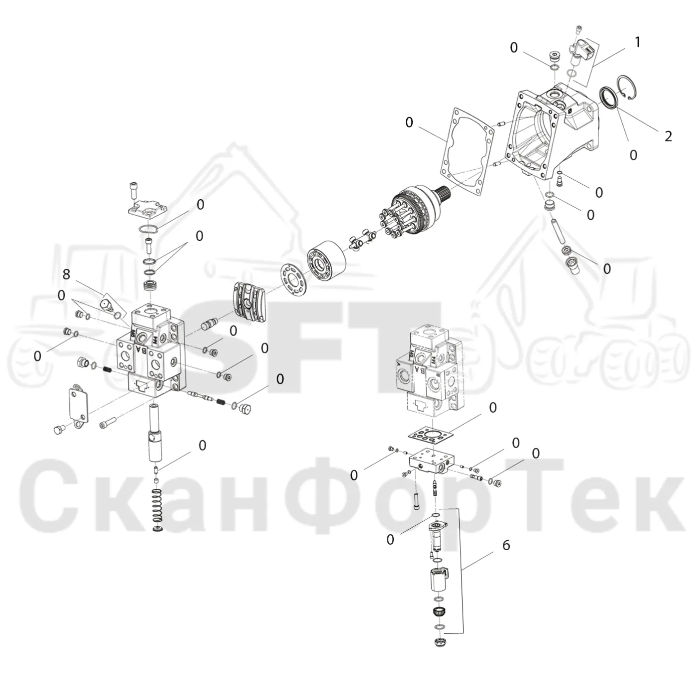 Схема: Komatsu / Форвардер / 875 S/N 8750000010- / Каталог запасных частей / Коробка передач / Оборудование гидростатики / Подвод гидростатического шланга / Гидростатический двигатель