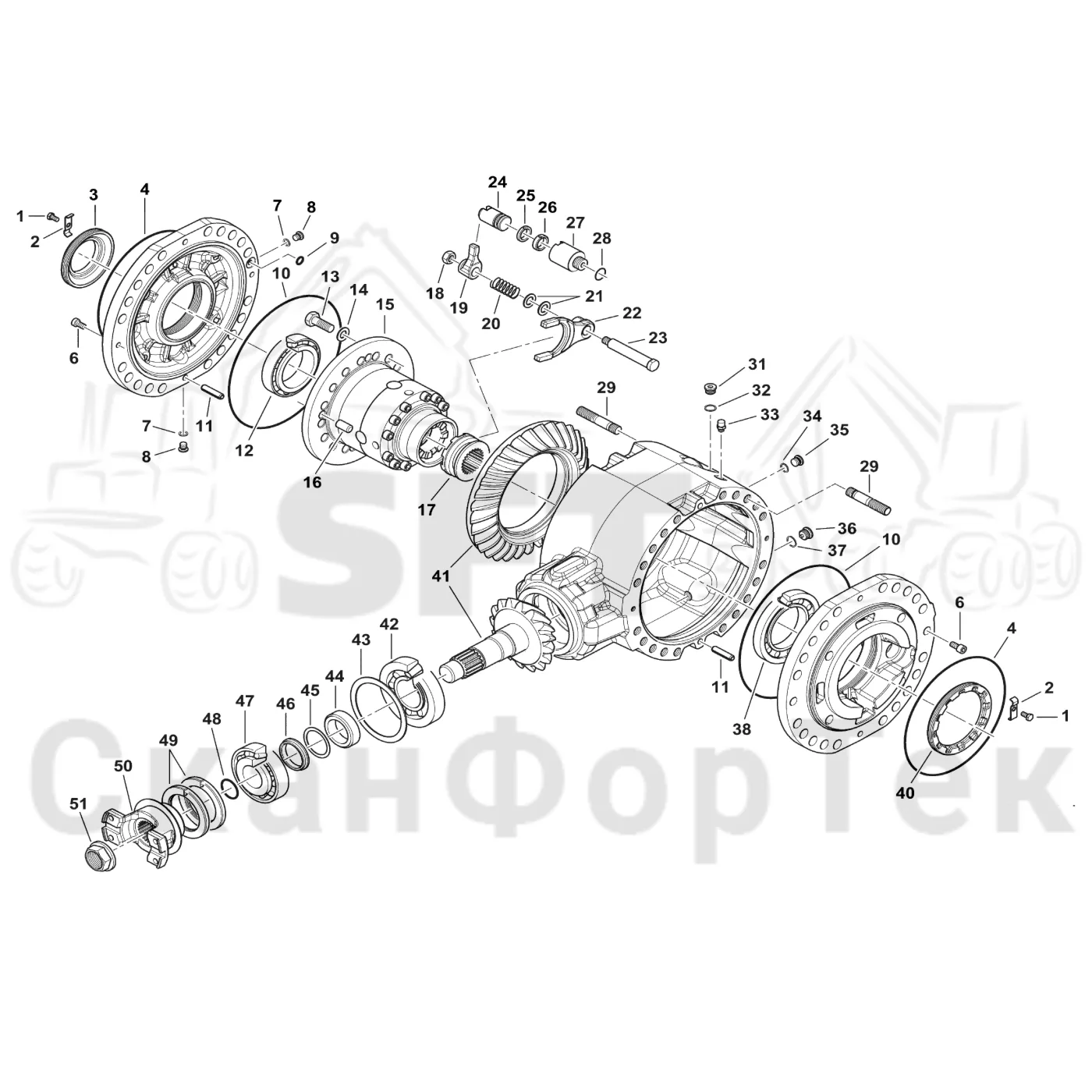 Схема: Komatsu / Форвардер / 875 S/N 8750000010- / Каталог запасных частей / Коробка передач / Мост каретки / каретки / Дифференциал