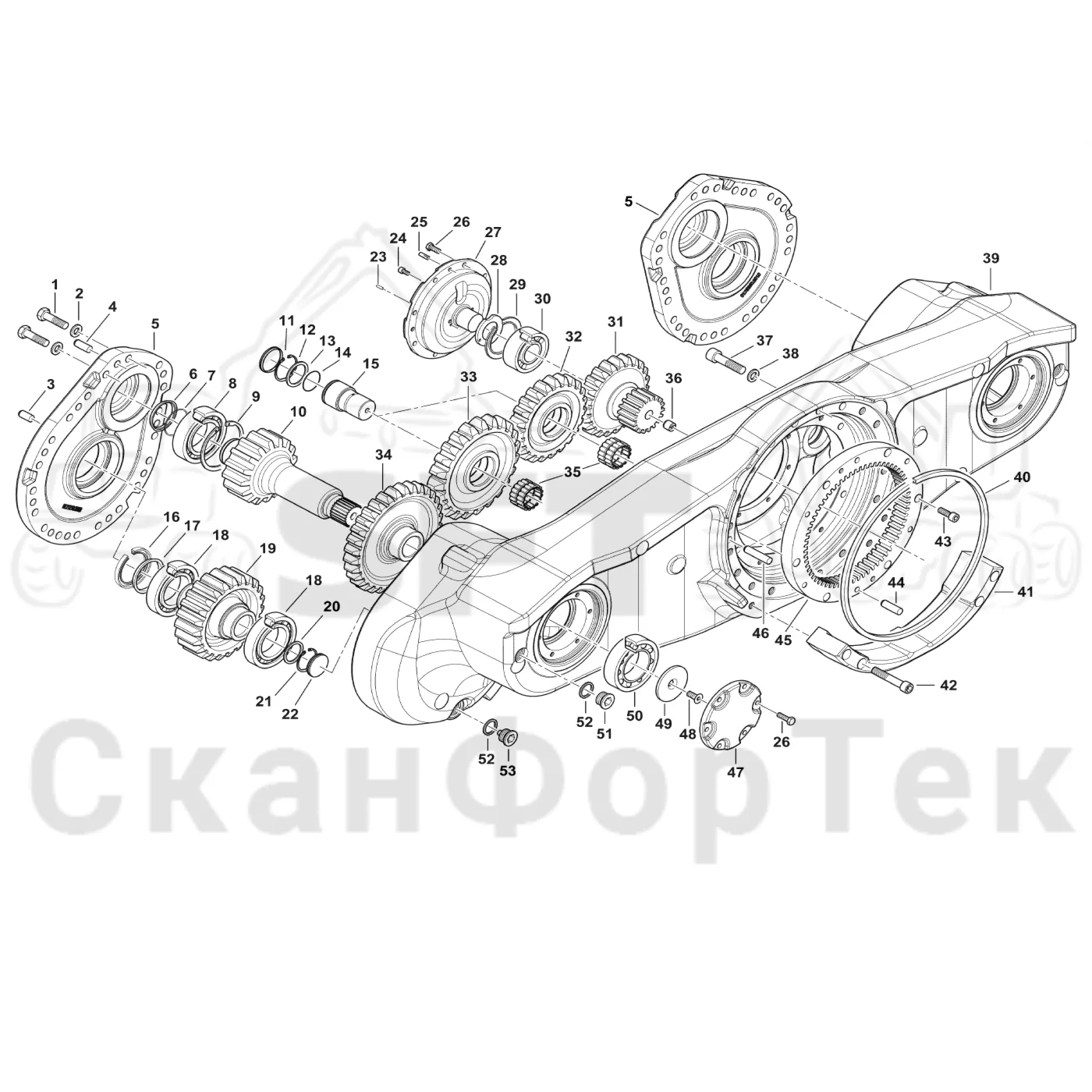 Схема: Komatsu / Форвардер / 875 S/N 8750000010- / Каталог запасных частей / Коробка передач / Мост каретки / каретки / Корпус каретки