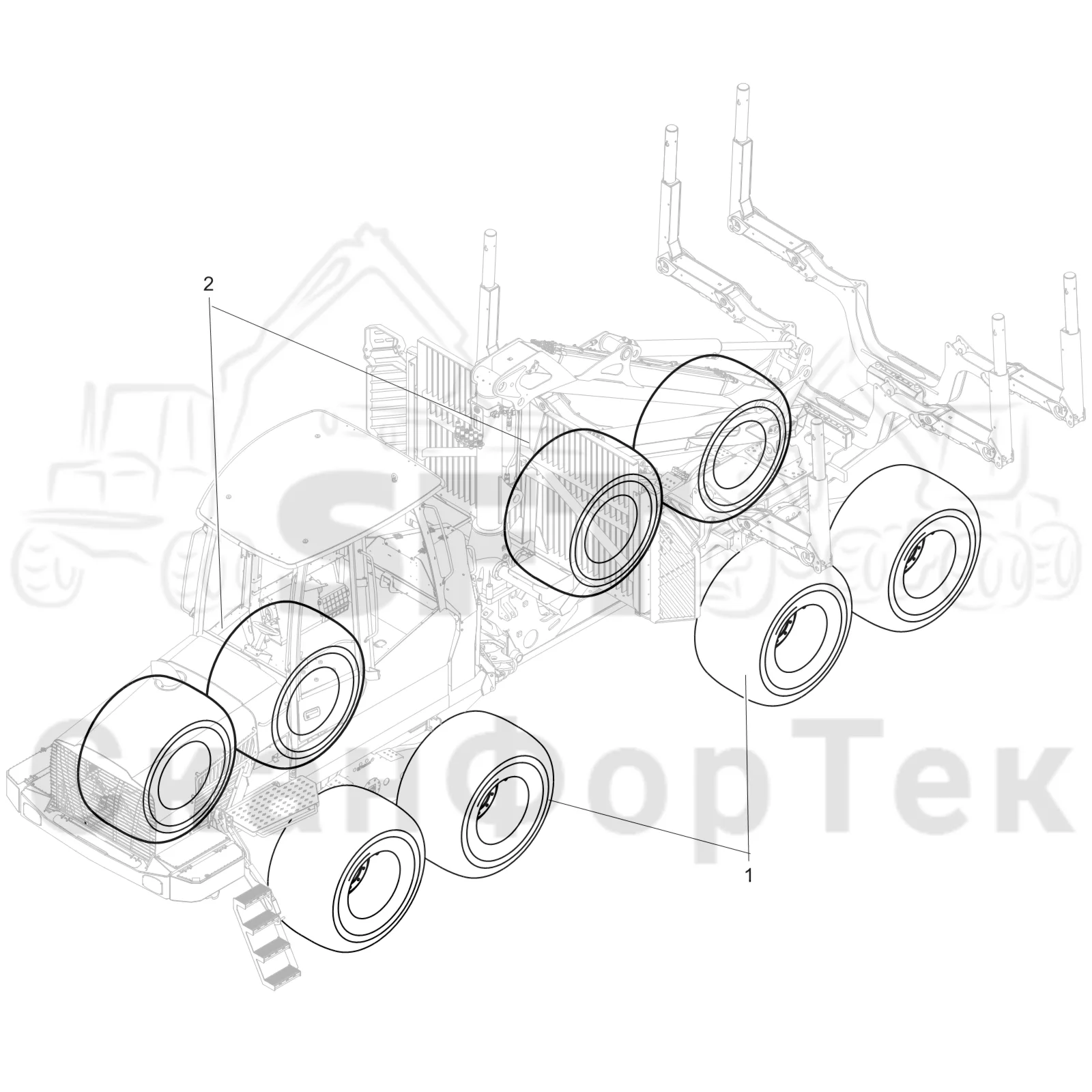 Схема: Komatsu / Форвардер / 875 S/N 8750000010- / Каталог запасных частей / Коробка передач / Оборудование шин / колесо Trelleborg / 710/45-26,5 T480