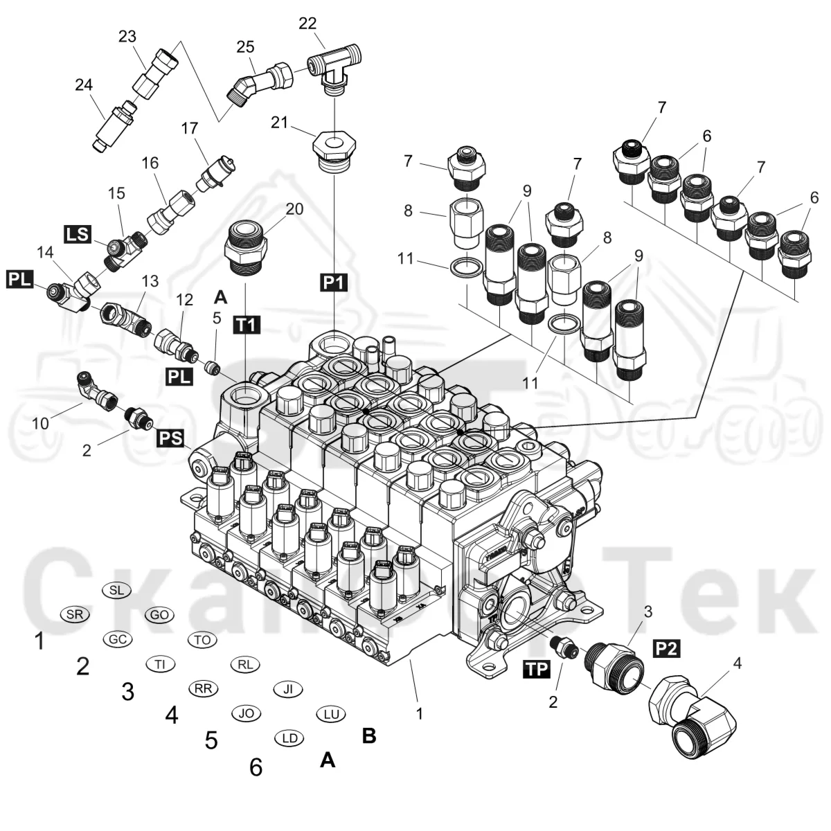 Схема: Komatsu / Форвардер / 895 S/N 8950011010- / Каталог запасных частей / Гидравлика / Клапан подъемного крана / 165F / Узел клапана
