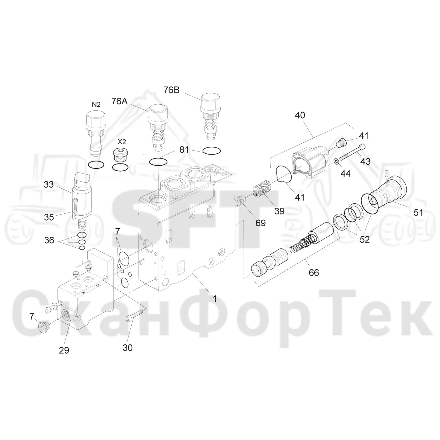 Схема: Komatsu / Форвардер / 895 S/N 8950011010- / Каталог запасных частей / Гидравлика / Клапан подъемного крана / 165F / Узел клапана / Захват