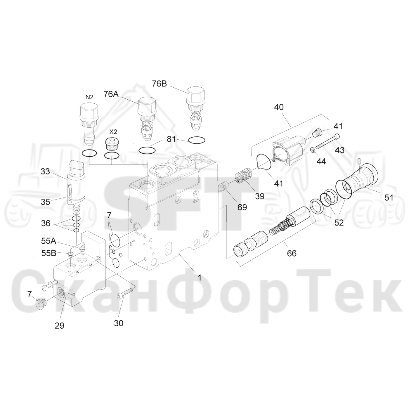 Схема: Komatsu / Форвардер / 875 S/N 8750000010- / Каталог запасных частей / Гидравлика / Клапан подъемного крана / 145F / Tele