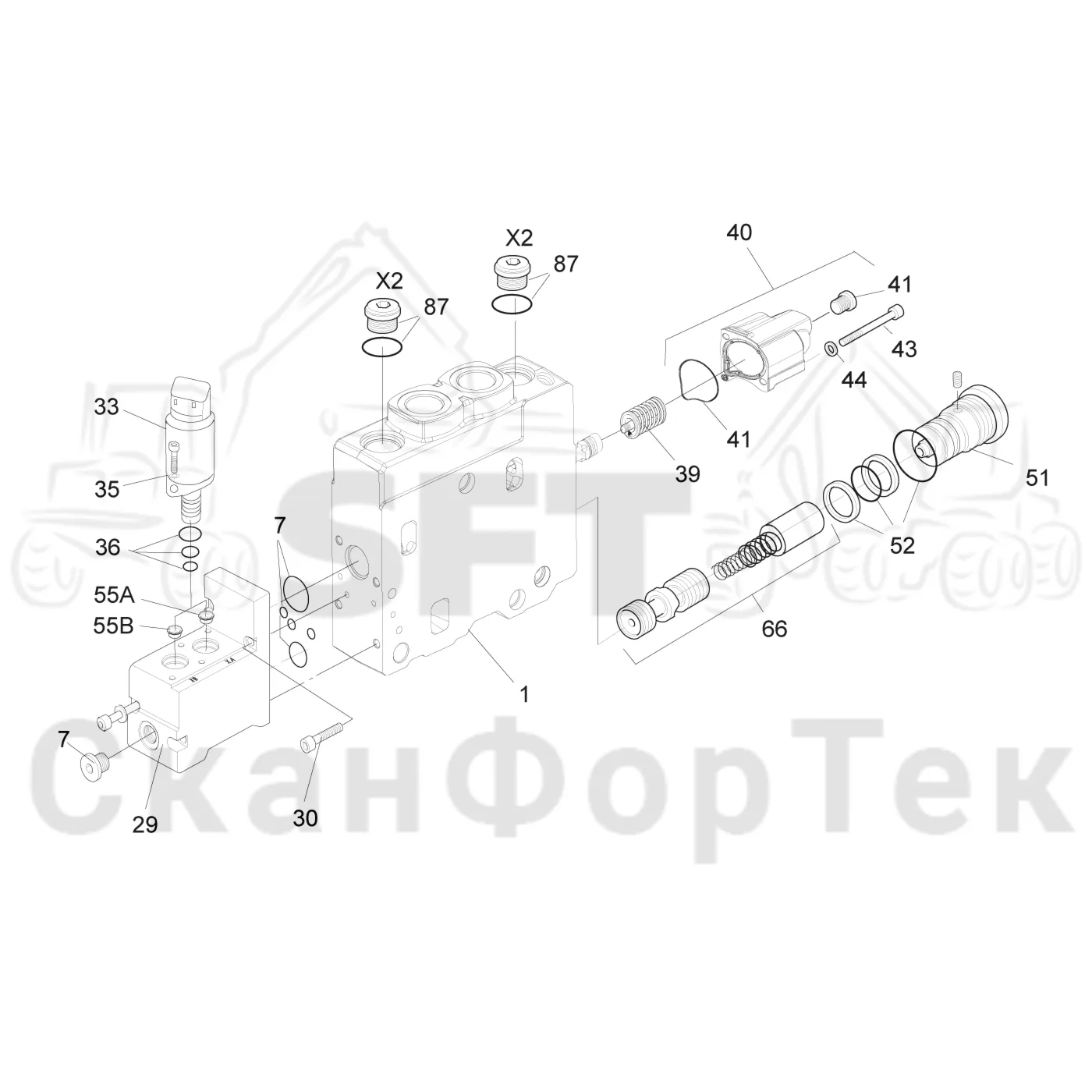 Схема: Komatsu / Форвардер / 875 S/N 8750000010- / Каталог запасных частей / Гидравлика / Клапан подъемного крана / 145F / Подъемный