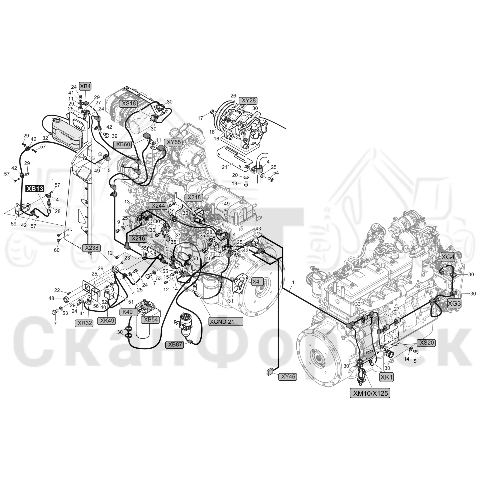 Схема: Komatsu / Форвардер / 895 S/N 8950011010- / Каталог запасных частей / Двигатель / Stage 2 / TIER 2 / Комплект электрооборудования / Комплект кабелей двигателя