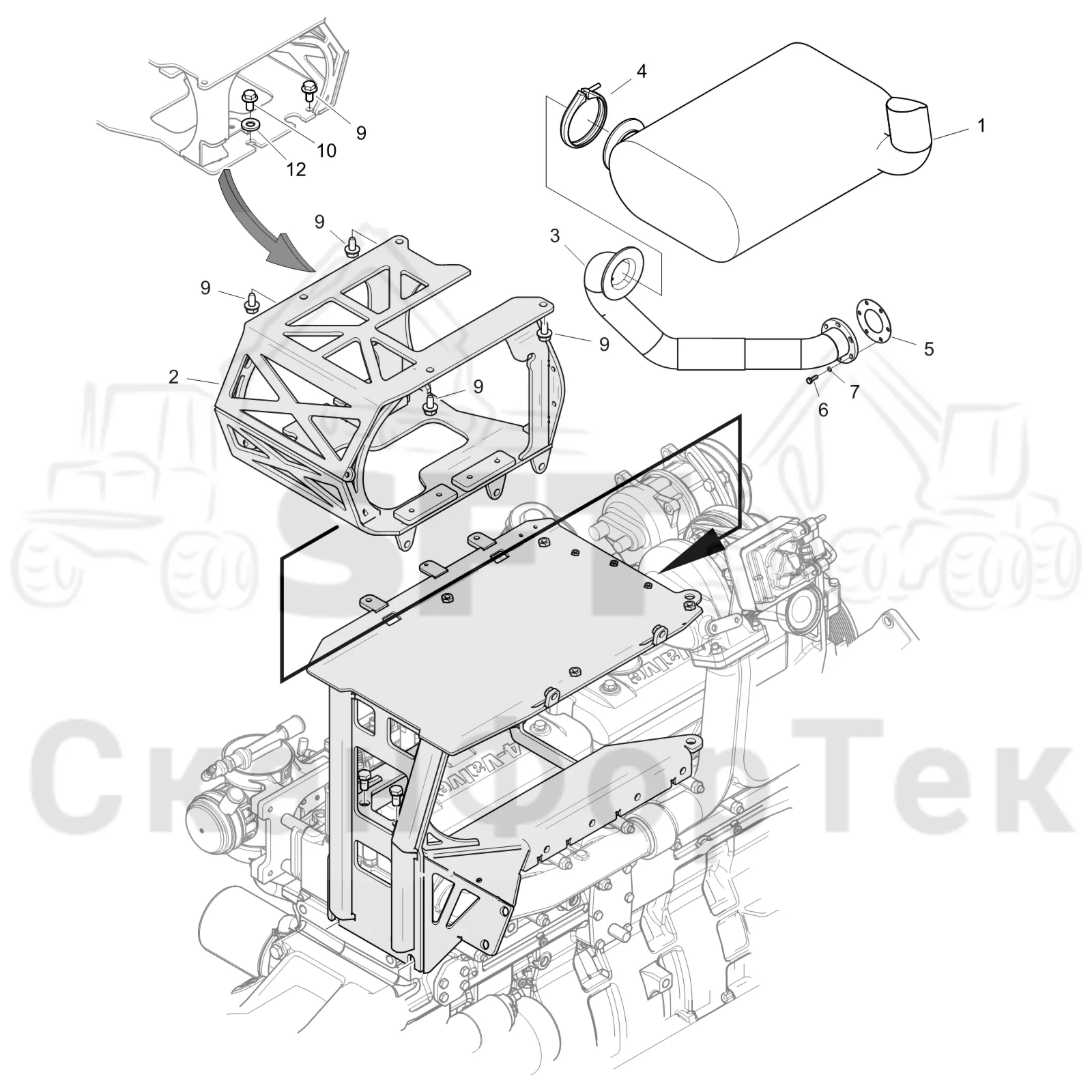 Схема: Komatsu / Форвардер / 895 S/N 8950011010- / Каталог запасных частей / Двигатель / Stage 3A / Впуск - выпуск / Выхлопная система