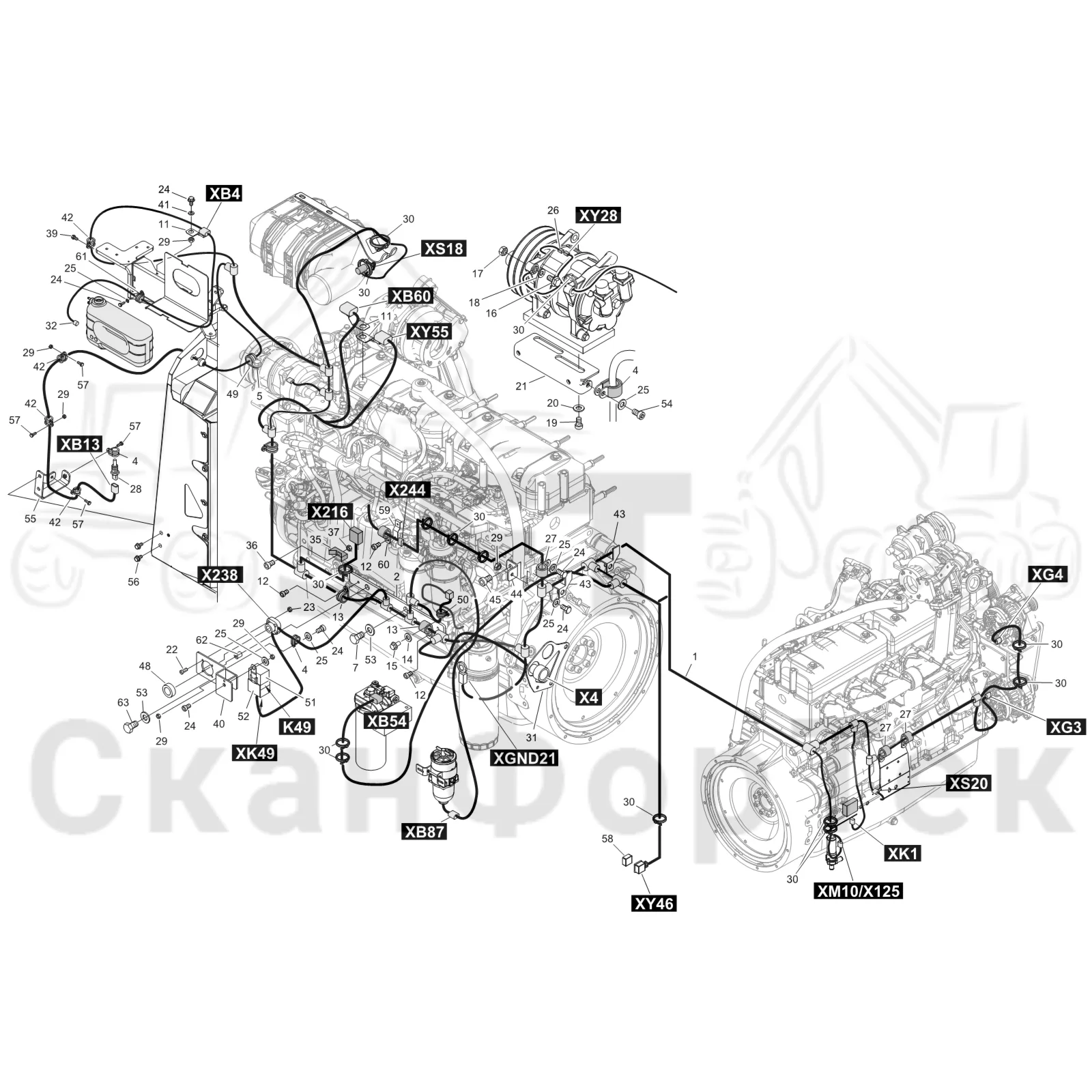 Схема: Komatsu / Форвардер / 895 S/N 8950011010- / Каталог запасных частей / Двигатель / Stage 3A / Комплект электрооборудования / Комплект кабелей двигателя